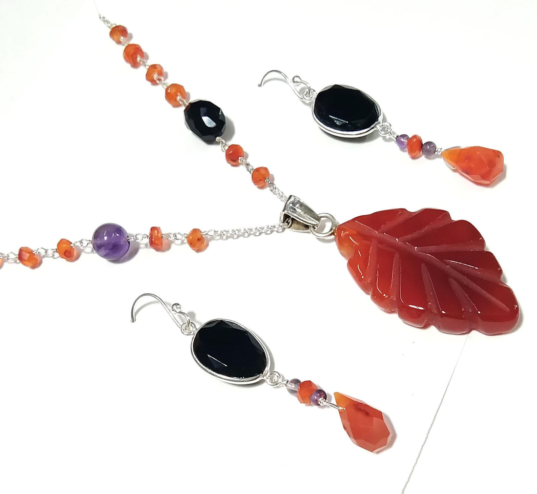 Natural Orange Carnelian/Black Onyx Gemstone Beads Necklace Set Jewelry, 925 Sterling Silver Necklace Beaded Necklace Statement for Jewelry