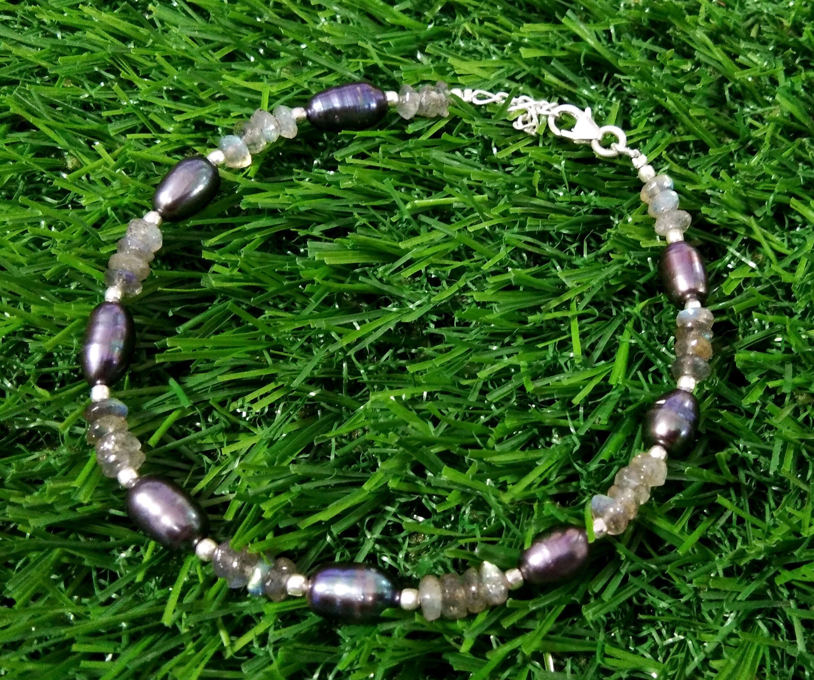 Labradorite & Grey Pearl Adjustable Bracelet, Natural Gemstone With 925 Silver Jewelry, Wedding Bracelet, Friendship Bracelet Gift For Women