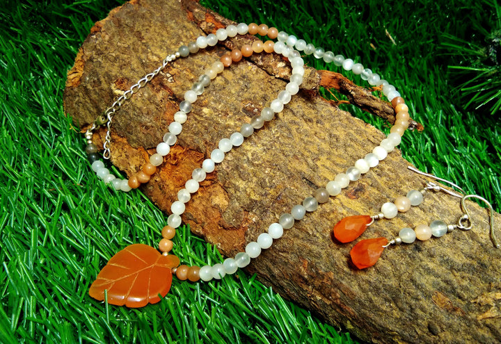Natural Orange Carnelian/Peach Moonstone Gemstone Beads Necklace Set Jewelry, 925 Sterling Silver Necklace Beaded Necklace Statement Jewelry
