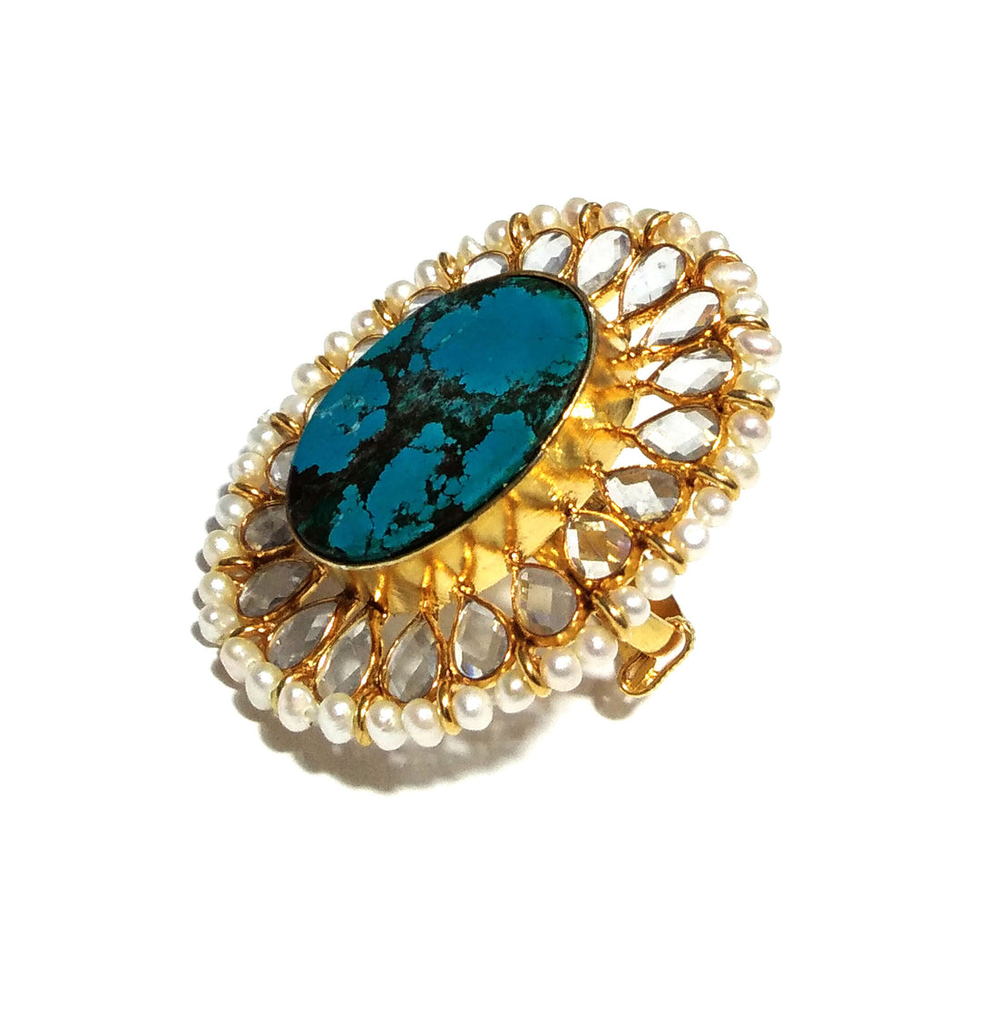 Natural Turquoise,Fresh Water Baroque Pearl,Zircon Stone Ring, 925 Solid Starling Silver Gold Plated Ring, Stone Size 24x17mm Handmade Ring