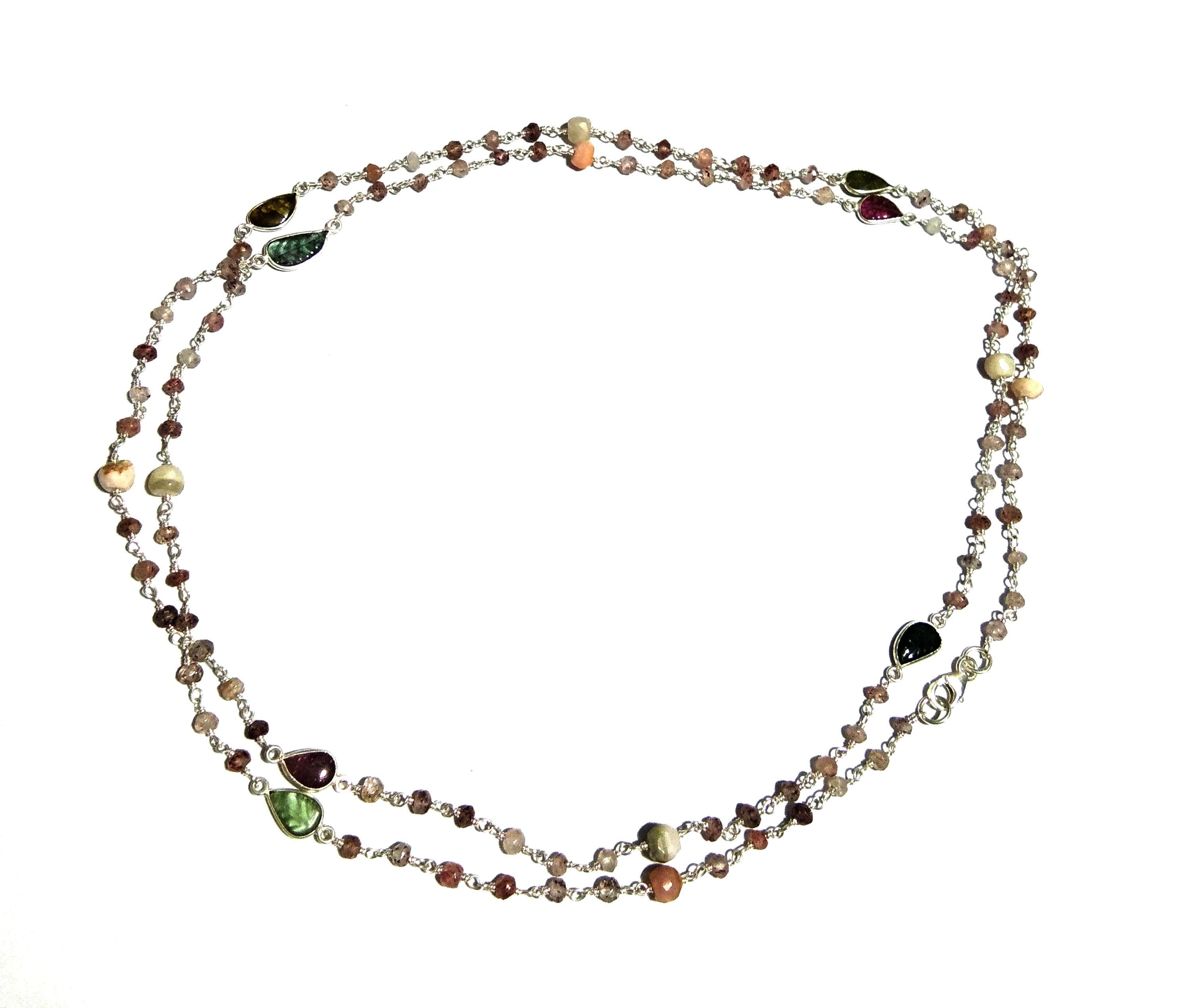 Natural Cherry Quartz/Tourmaline Carving Beads Stone Chain Necklace, 925 Starling Silver Chain 44''Inches Gift Beads Chain Necklace Jewelry