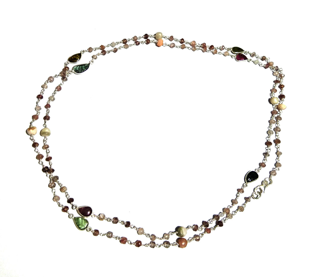 Natural Cherry Quartz/Tourmaline Carving Beads Stone Chain Necklace, 925 Starling Silver Chain 44''Inches Gift Beads Chain Necklace Jewelry