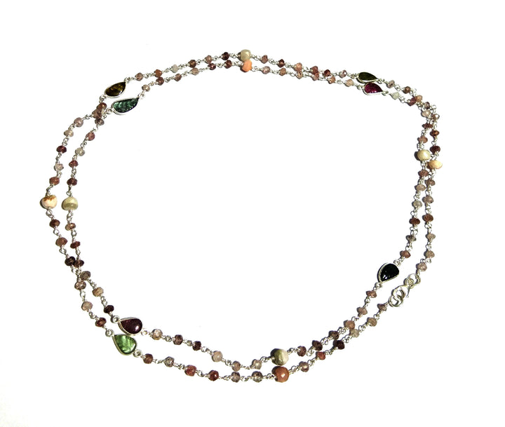 Natural Cherry Quartz/Tourmaline Carving Beads Stone Chain Necklace, 925 Starling Silver Chain 44''Inches Gift Beads Chain Necklace Jewelry