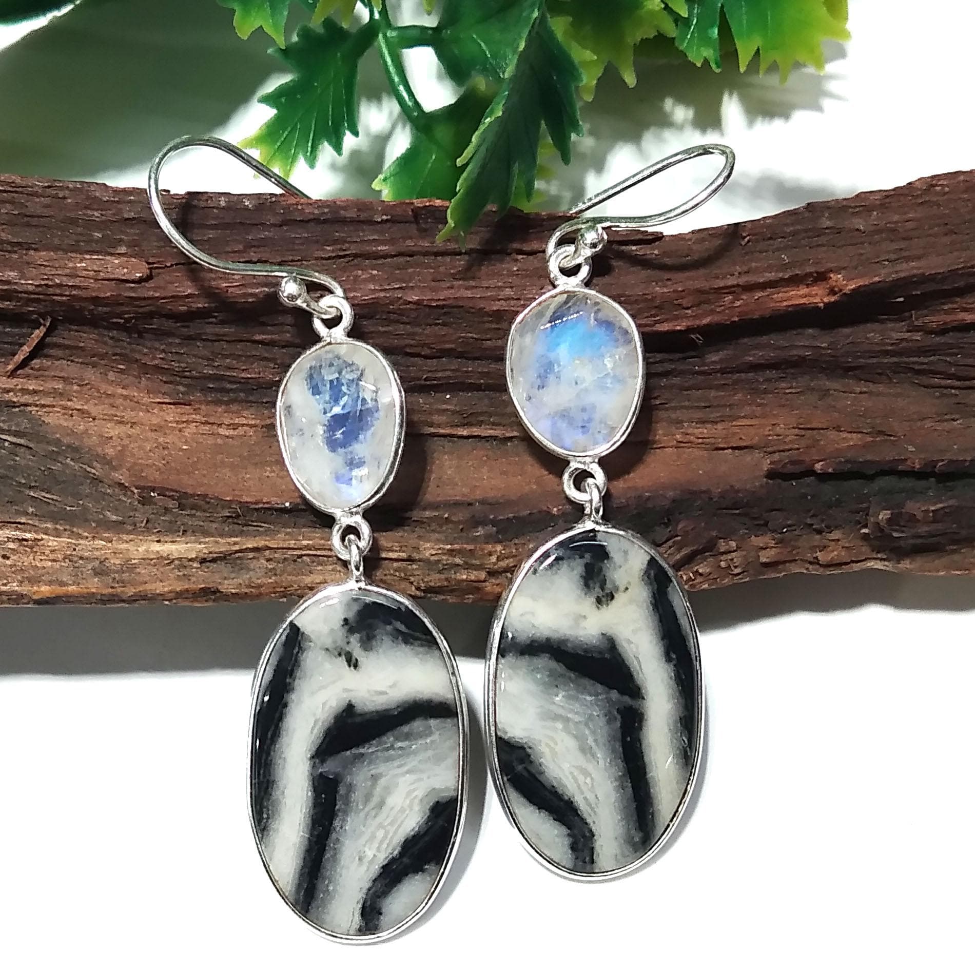 Natural Zebra Jasper And Rainbow Moonstone Earring, 925 Sterling Silver Earring, Jewelry Stone Size 23x14mm For Gift Anniversary Earring