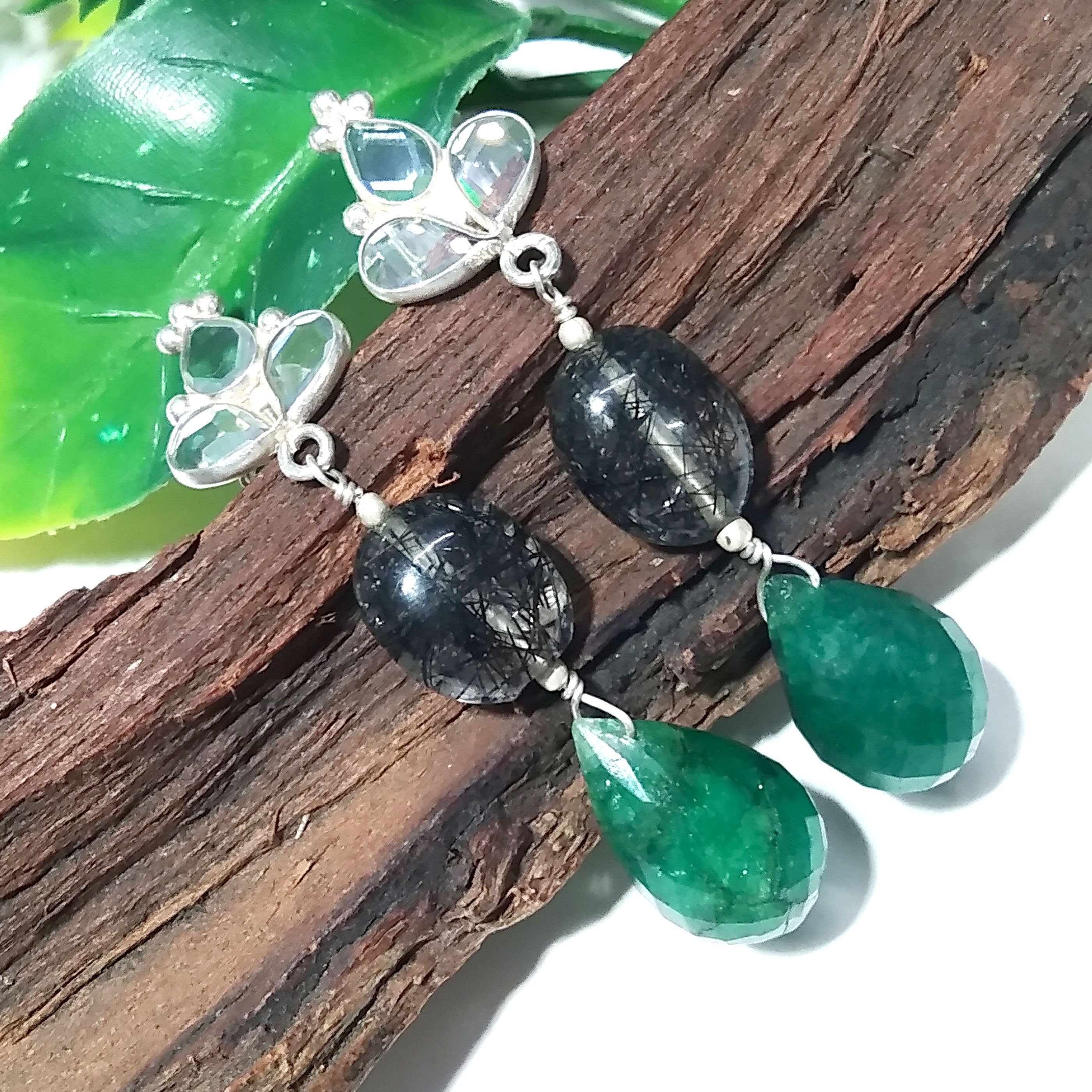 Beautiful Rutile Quartz/Zircon And Green Jade Gemstone Earrings ! 925 Silver With Natural Gemstone Zircon Faceted & Rutile Quartz Earrings