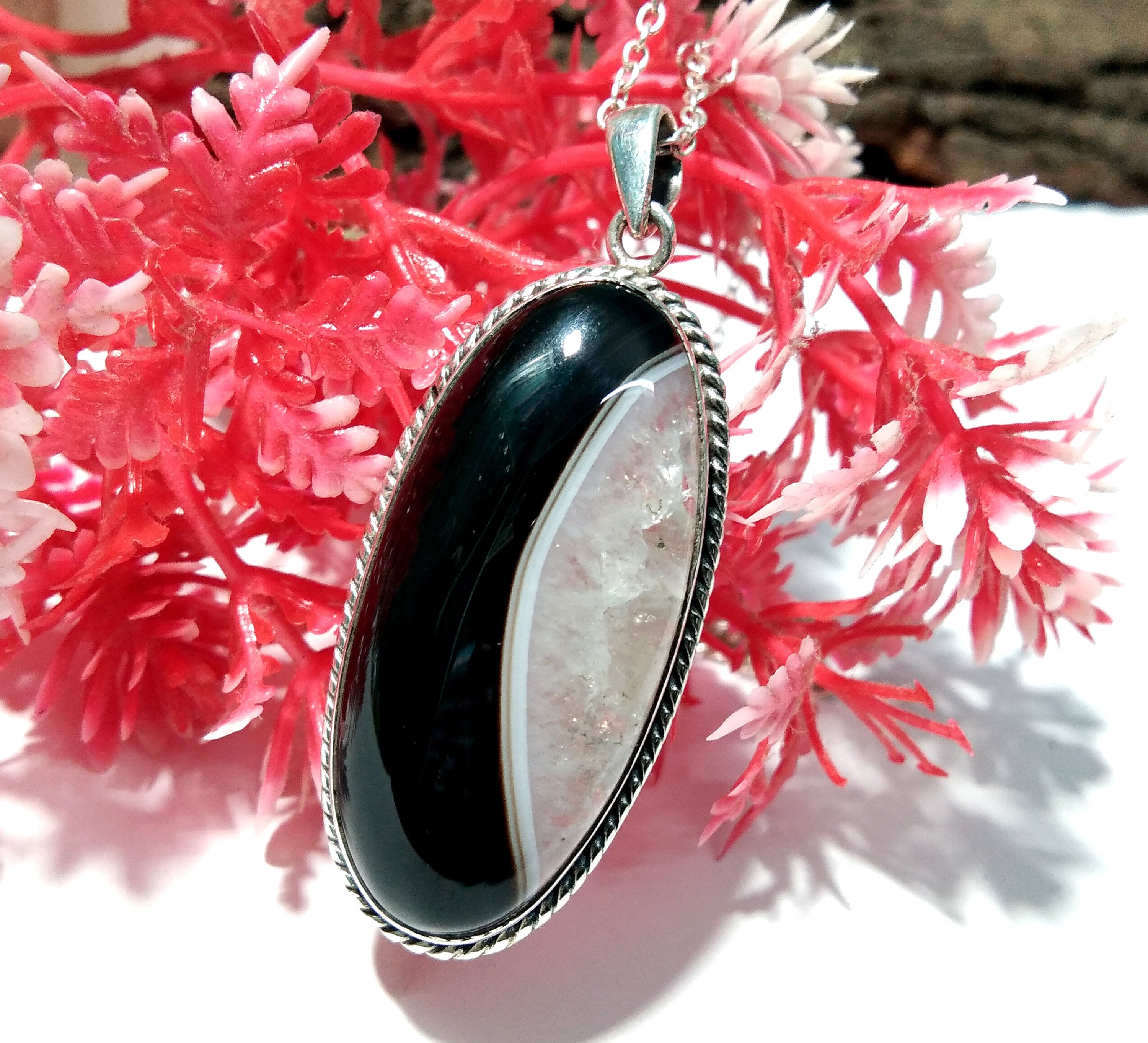 Black Banded Agate Gemstone Pendent, 925 Sterling Silver Pendant Jewelry, Handmade Silver Pendant, Natural Black Banded Agate Girls & Women