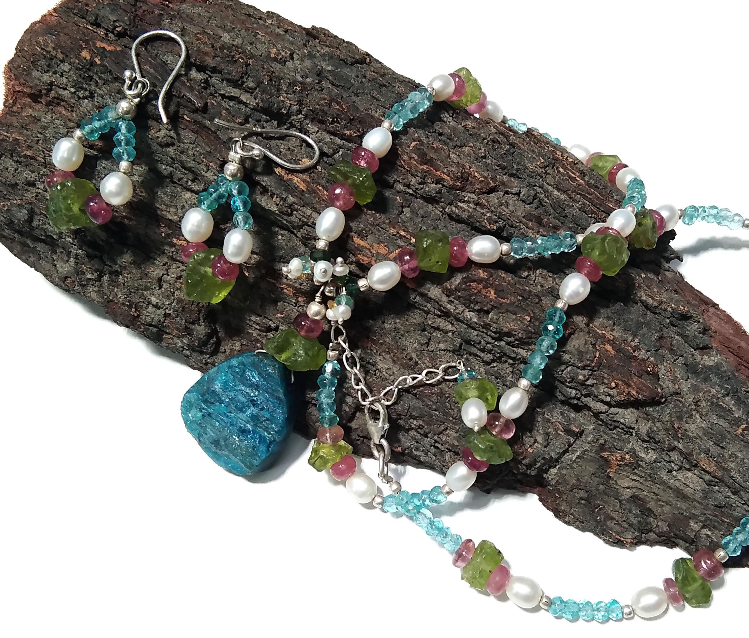 Natural Apatite Druzy/ Pearl/Peridot Rough Stone Beads Necklace Set Jewelry, 925 Sterling Silver Necklace Beaded Necklace Statement Jewelry