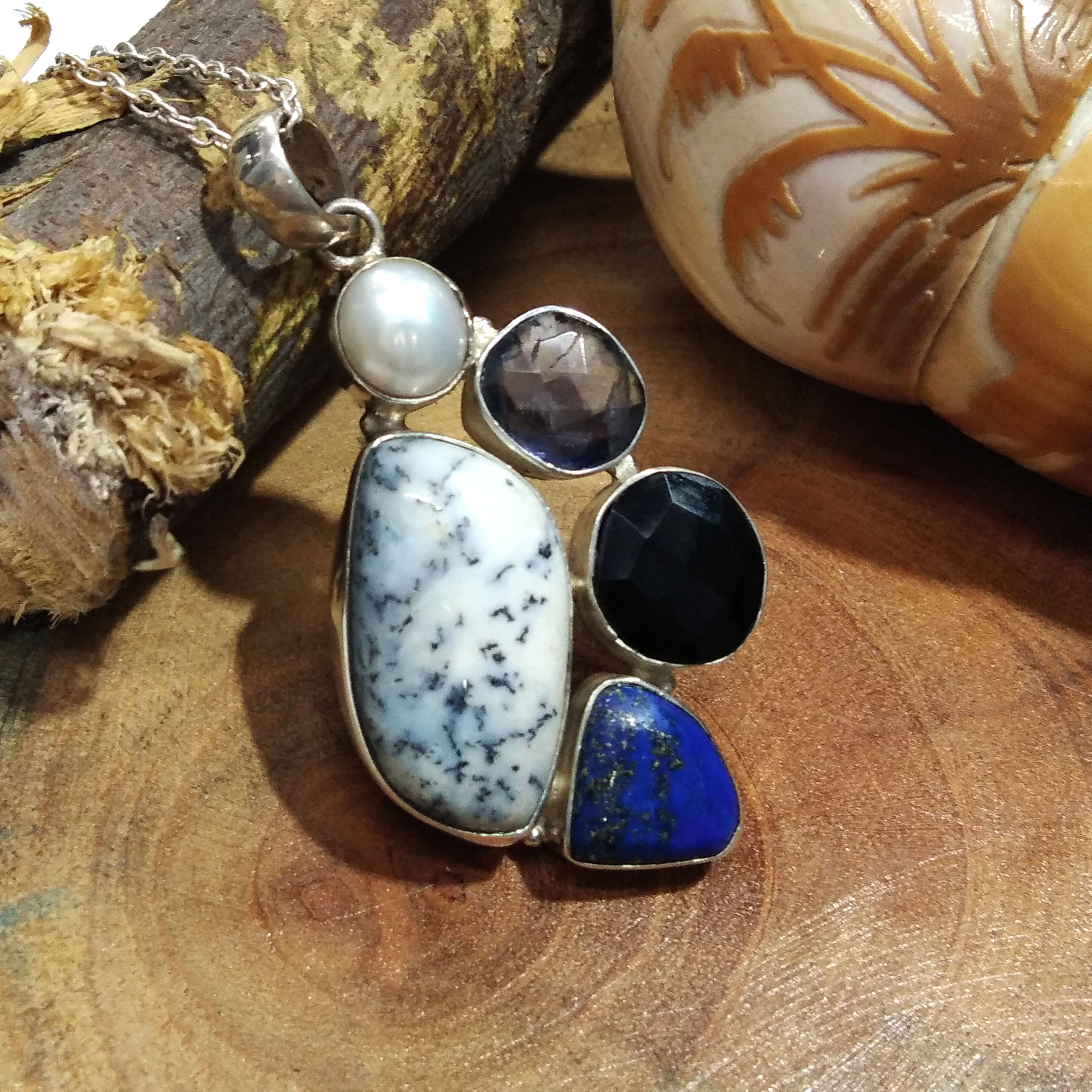 Natural Baroque Pearl,Dendrite Opal,Black Onyx Gemstone Pendant Necklace Chain, 925 Starling Silver Pendant Necklace, Handmade Stone Pendant