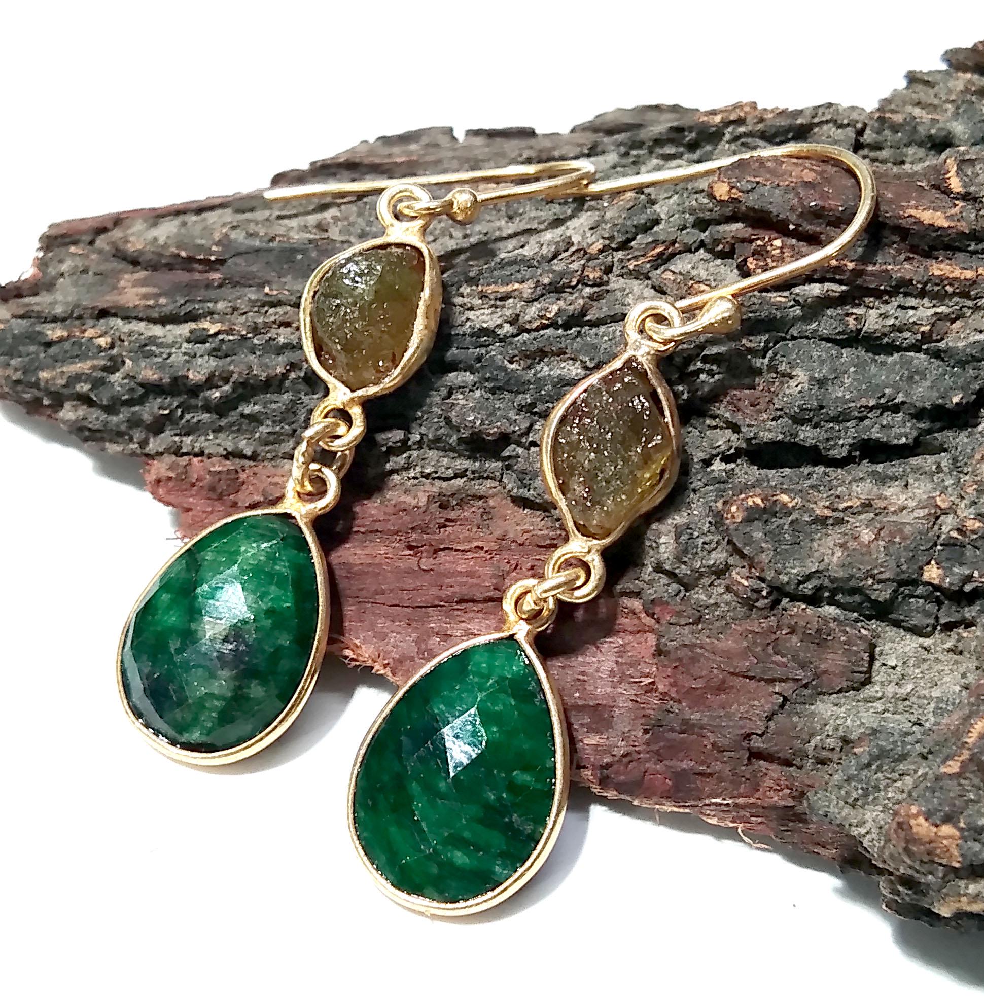 Natural Emerald Gemstone, Peridot Rough Earring, 925 Sterling Silver With Gold Plaited Earring, Beautiful Bezel Earring For Girls/Women Gift