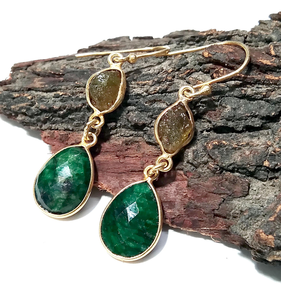 Natural Emerald Gemstone, Peridot Rough Earring, 925 Sterling Silver With Gold Plaited Earring, Beautiful Bezel Earring For Girls/Women Gift