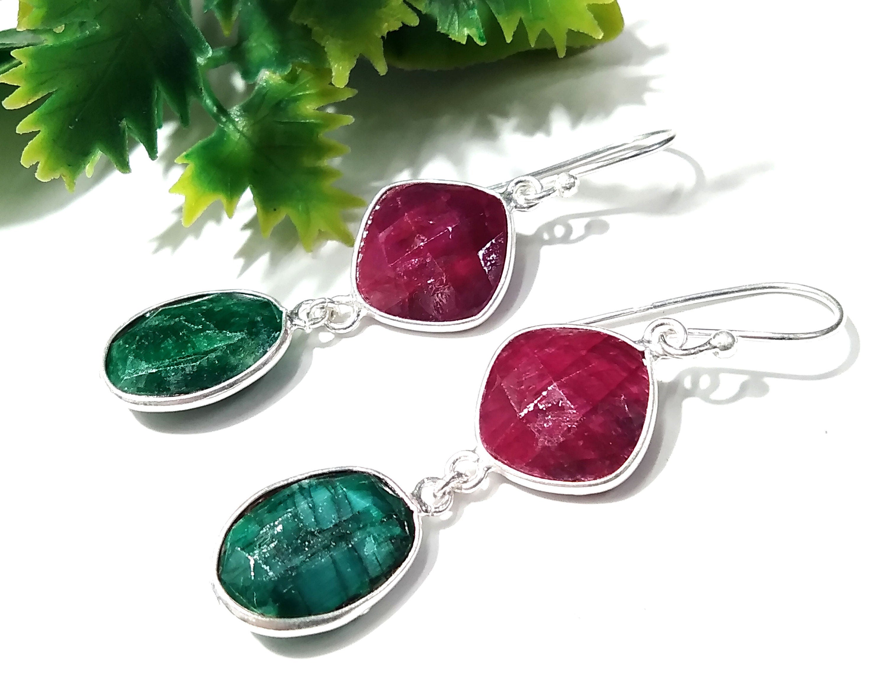 Natural Red Ruby/Emerald Stone Earring, 925 Solid Starling Silver Earring Gemstone, Gift Wedding Earring, Jewelry For Women's