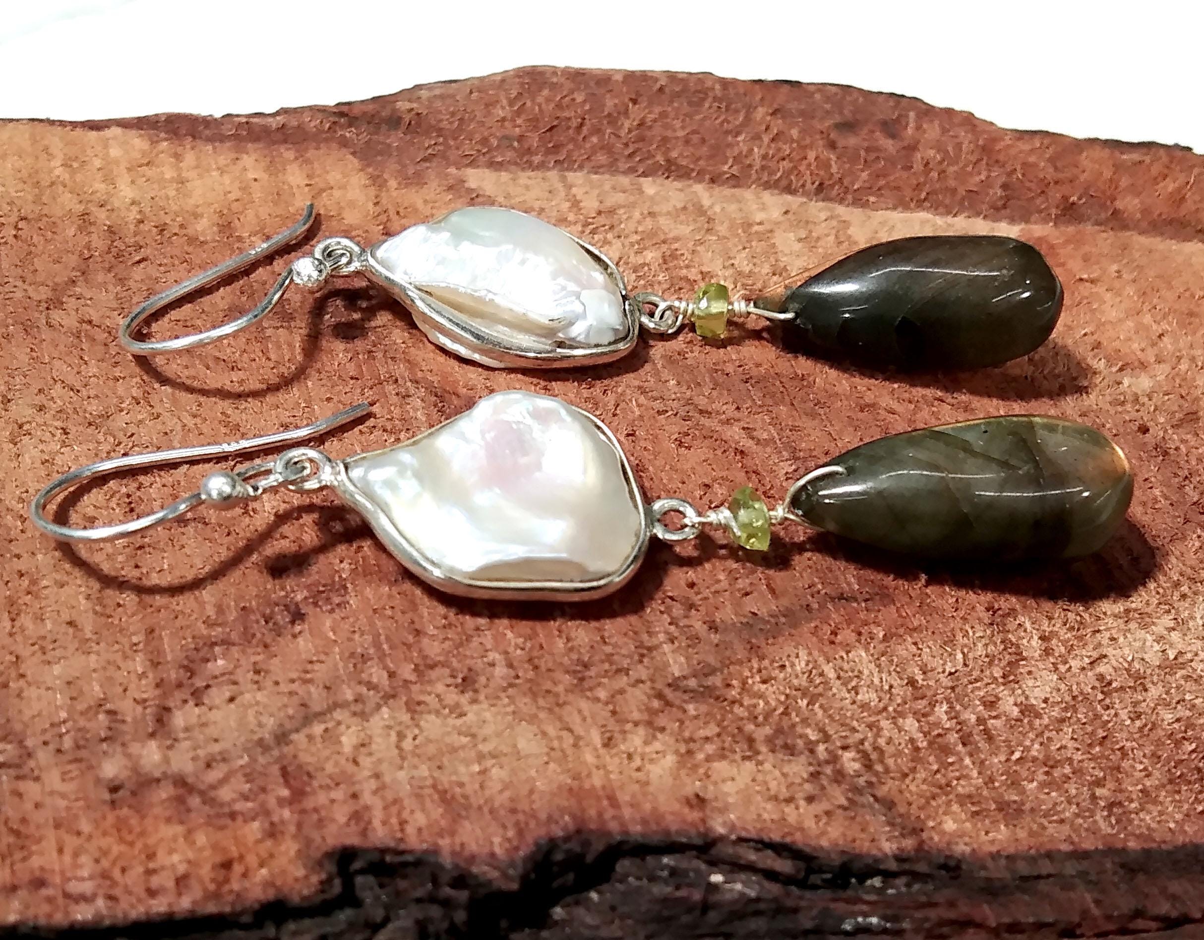 Natural Fresh Water Baroque Pearl/Labradorite Stone Drop Earring, 925 Solid Starling SilverJewelry Earring, Gemstone Gift Wedding Earring