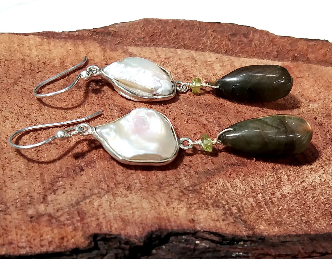 Natural Fresh Water Baroque Pearl/Labradorite Stone Drop Earring, 925 Solid Starling SilverJewelry Earring, Gemstone Gift Wedding Earring