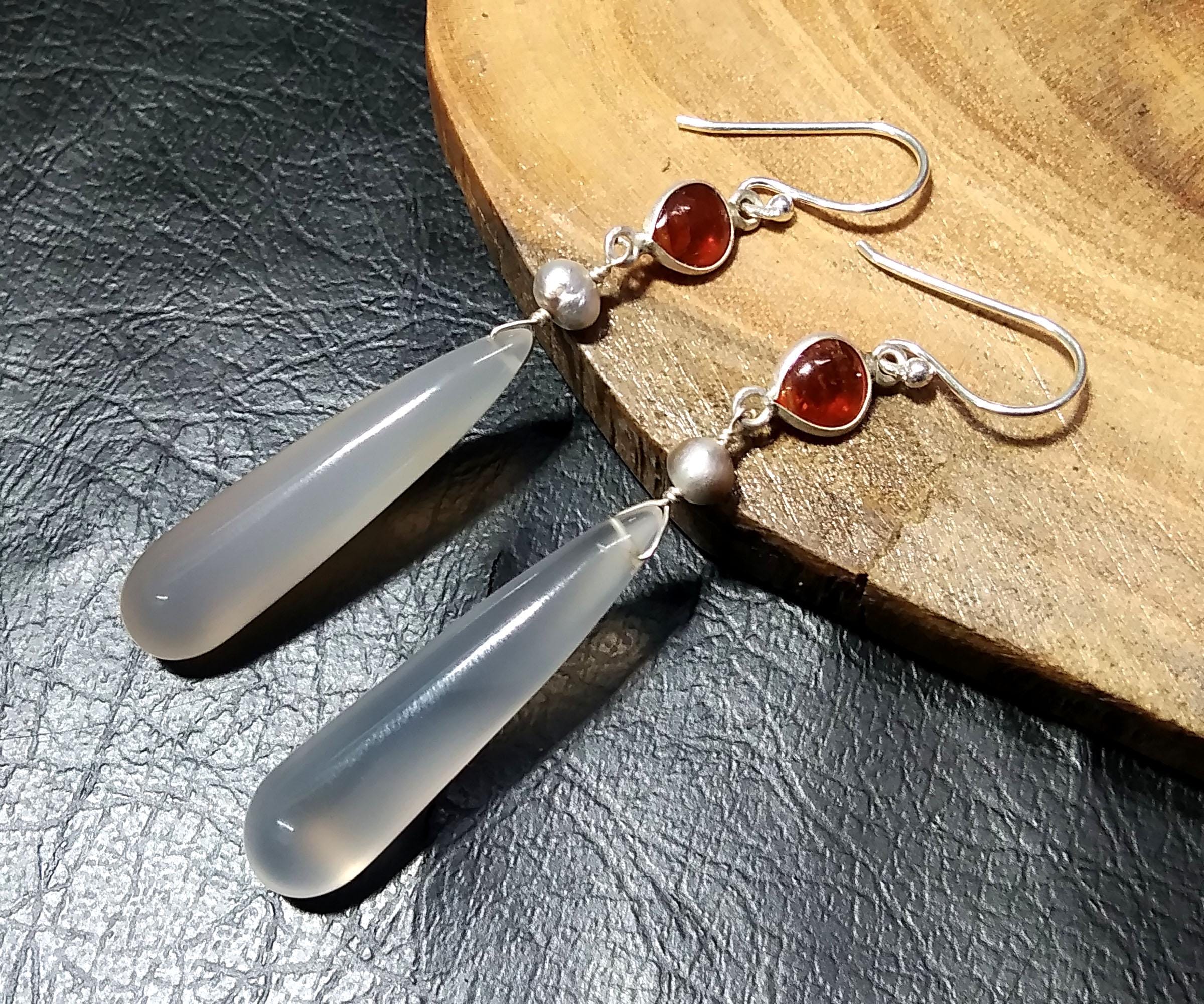 Natural Chalcedony/Yellow Garnet & Pearl Gemstone Earring 925 Starling Silver Earring Handmade Silver Jewelry Stone Earring Gift Birthday