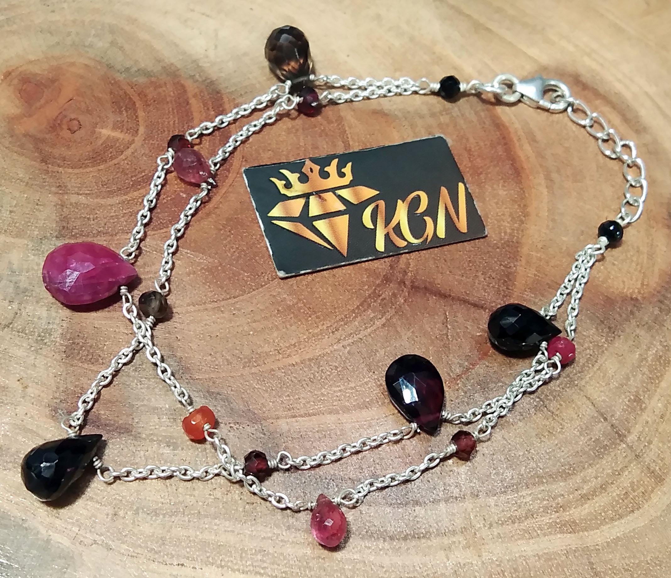 Red Ruby And Smoky Quartz Stone Bracelet, 925 Sterling Silver Bracelet, Natural Ruby,Smoky Adjustable Bracelet, 8 inches Gift Valentine day