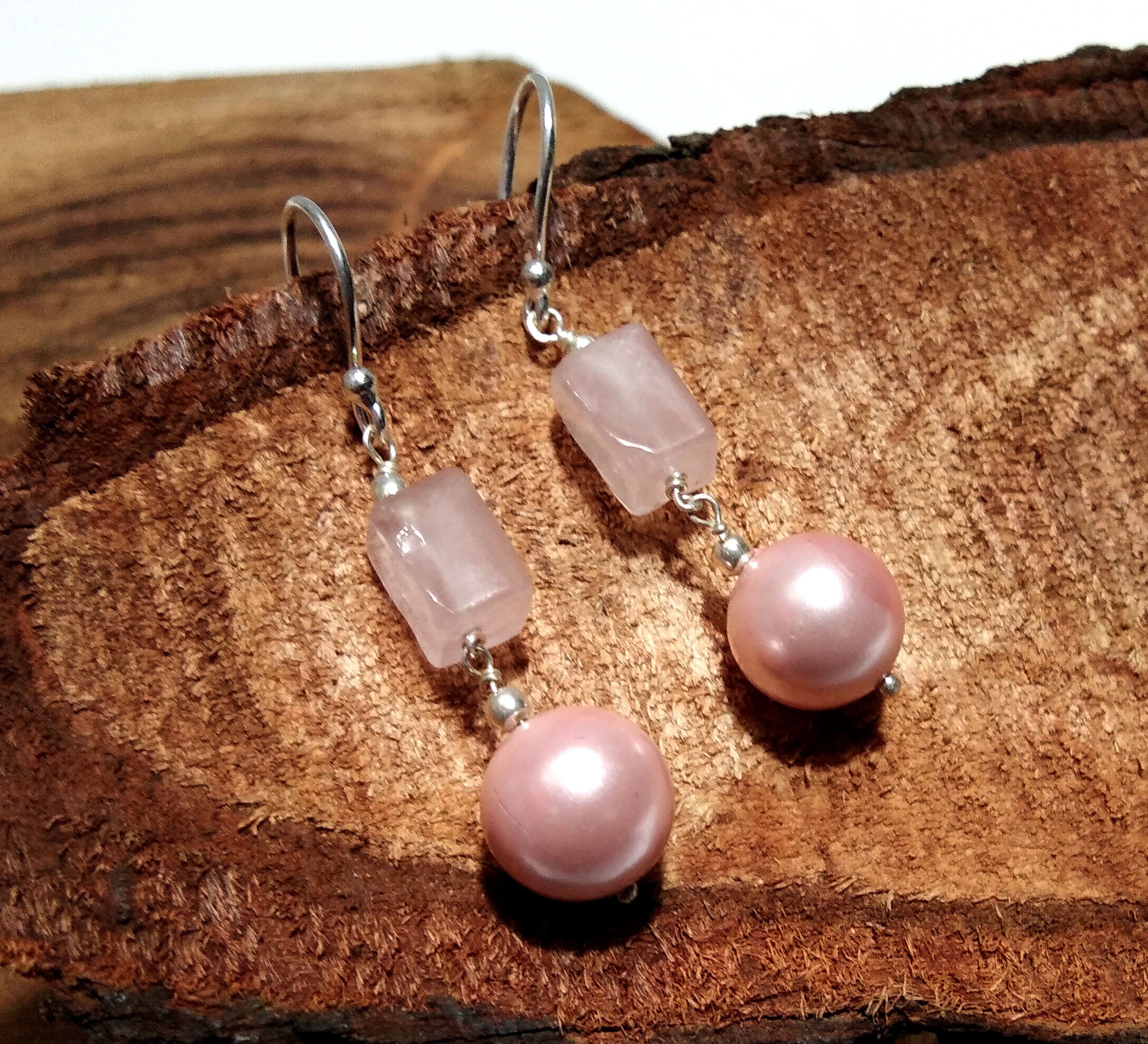 Natural Pink Baroque Pearl/Rose Quartz Stone Drop Earring, 925 Solid Starling Silver Earring Jewelry Stone Size 9x9 mm Gift Birthday Earring