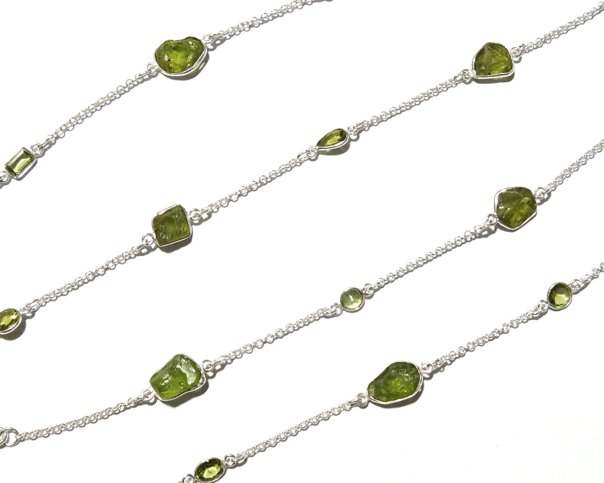 Log Chain Necklace Peridot Rough & Faceted Stone Chain Necklace, 925 Sterling Silver Bezel Setting Long 36" inch Chain Necklace Birthstone