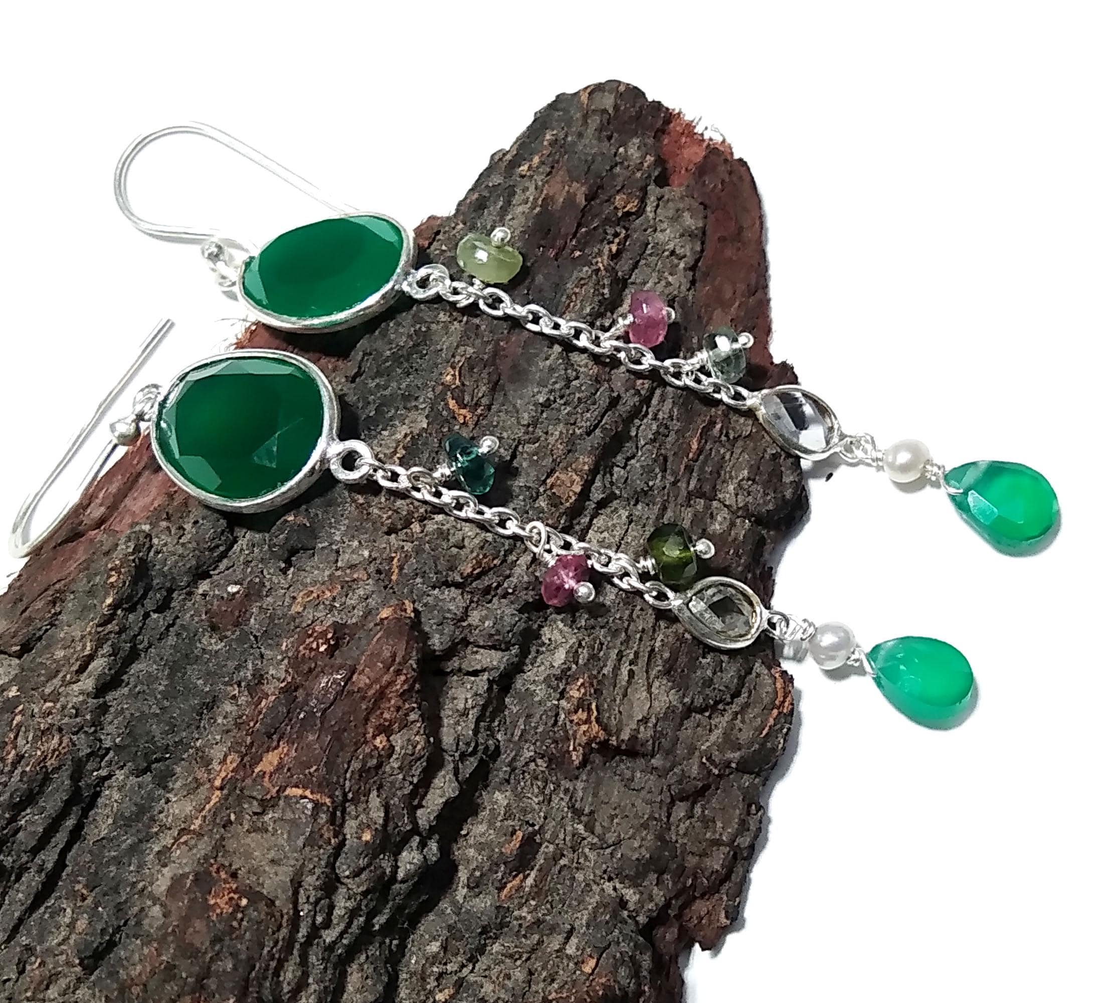 Natural Multi Tourmaline And Green Onyx Gemstone Earrings, 925 Sterling Silver Earring Handmade Making Jewelry Earring, For Girls & Women.