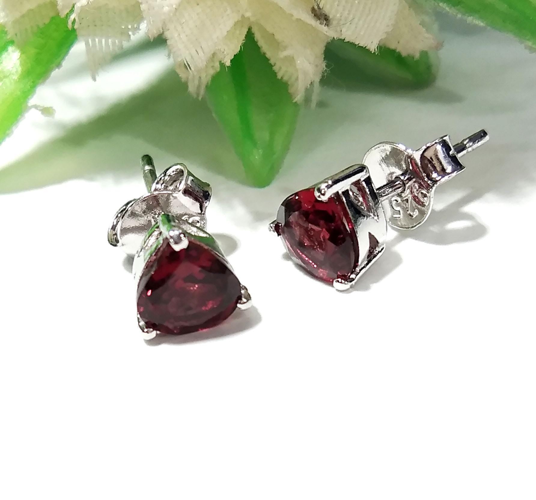 Natural Garnet Stud Earrings, 925 Starling Silver Earring Jewelry, Red Garnet Faceted Heart Shape Stone Size 6x6 mm Christmas Gift For Women