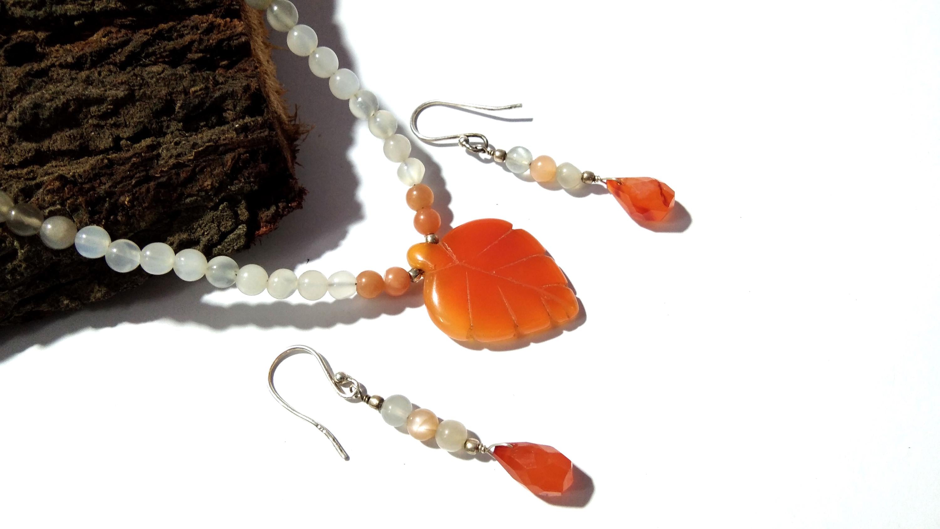 Natural Orange Carnelian/Peach Moonstone Gemstone Beads Necklace Set Jewelry, 925 Sterling Silver Necklace Beaded Necklace Statement Jewelry