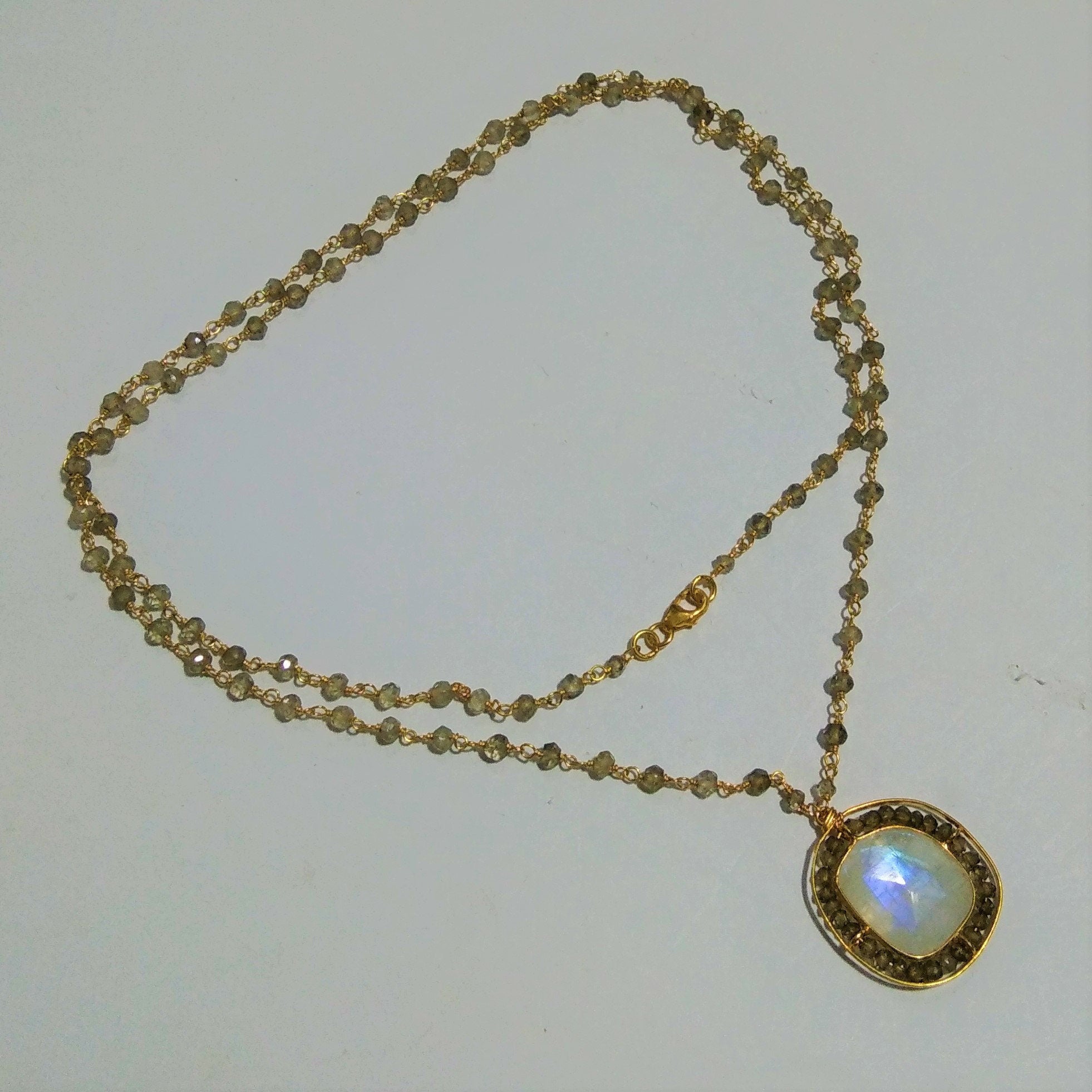 Rainbow Moonstone Blue Fire Stone/Labradorite Beads Chain Necklace, 925 Starling Silver Gold Plated Chain Necklace, 38''Inche Necklace