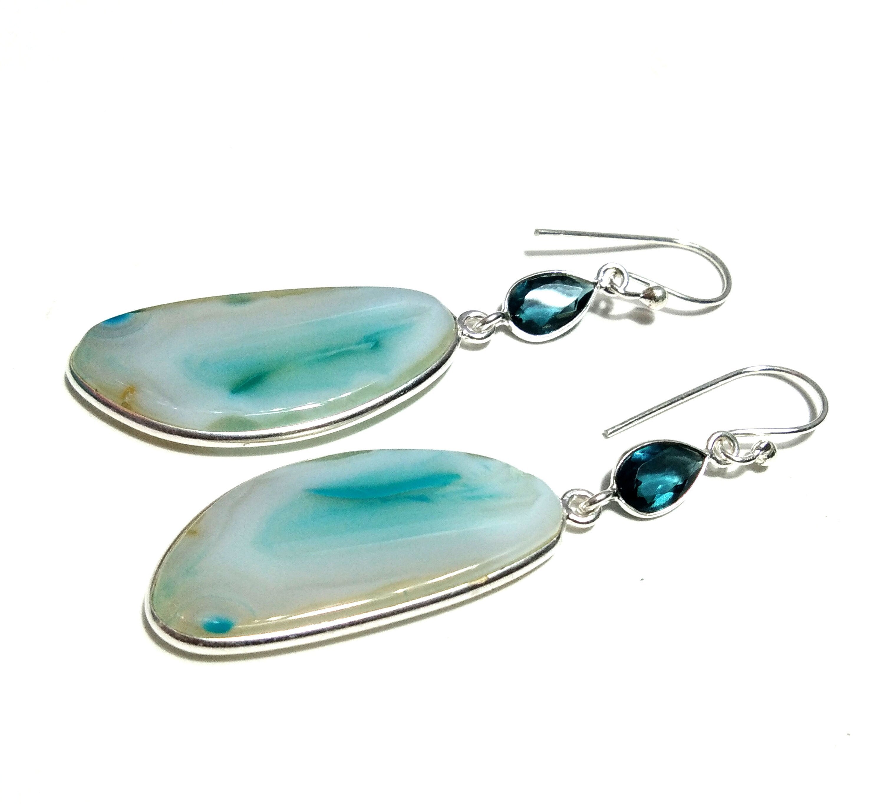 Natural Sky Blue Banded Agate/Topaz Gemstone Earring, 925 Solid Starling Silver Earring, Stone Size 32x15mm For Gift Wedding Earring Jewelry