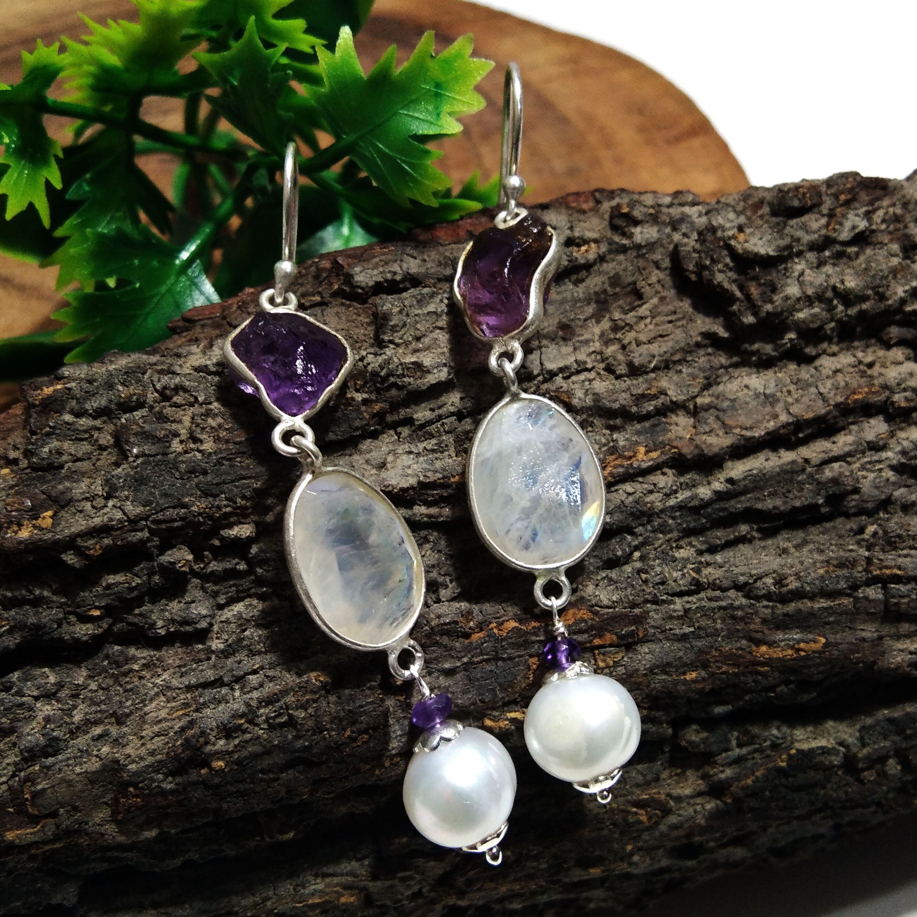 Bezel Earrings, Natural Gemstone Amethyst,Rainbow Moonstone & Pearl Earring, 925 Starling Silver Earring, Handmade Making Bezel Earring