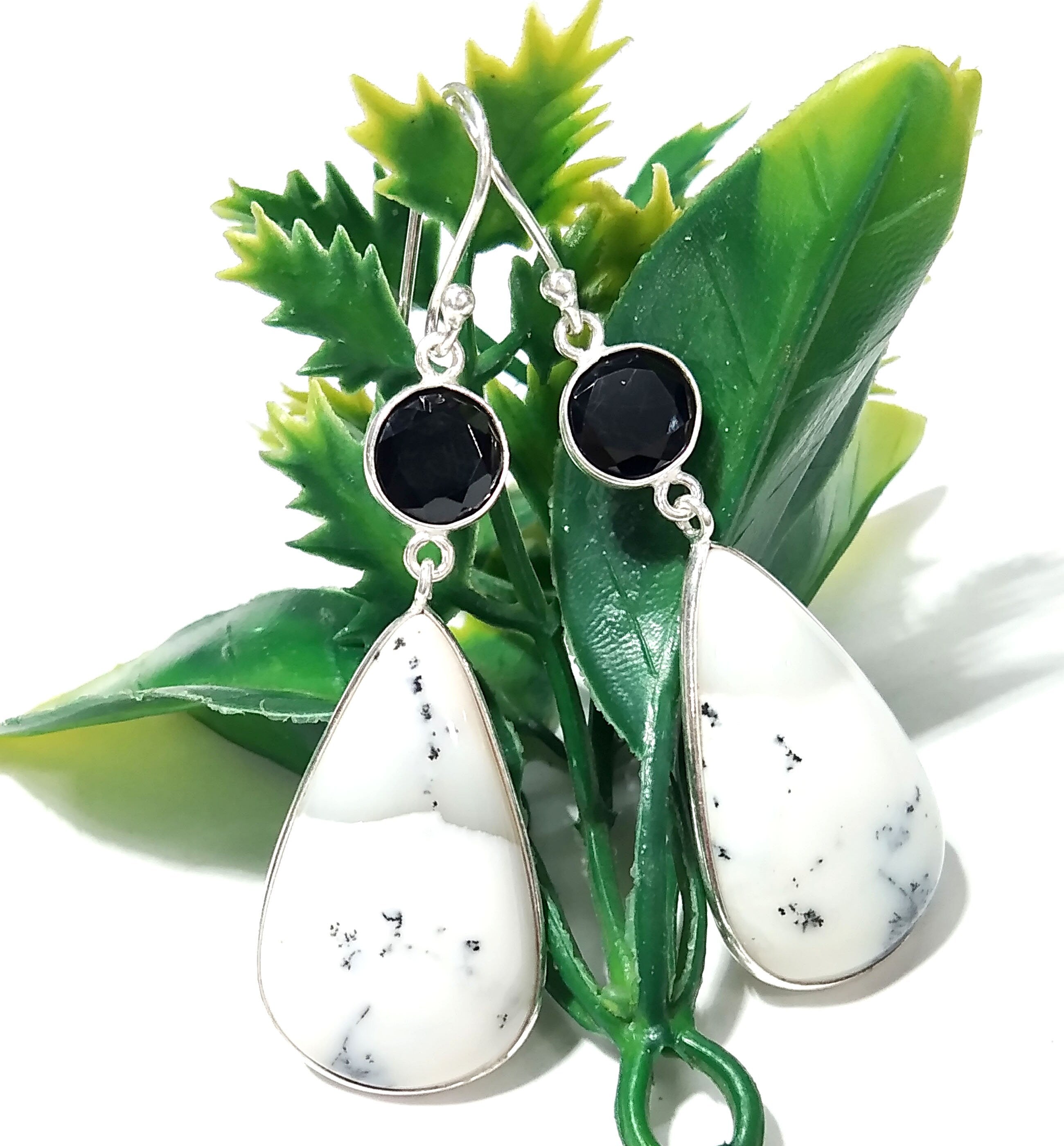 Natural Dendrite Opal,Black Spinel Gemstone Earring, 925 Solid Starling Silver Earring, Opal Stone Size 29x17 mm Gift Dangle Earring Jewelry