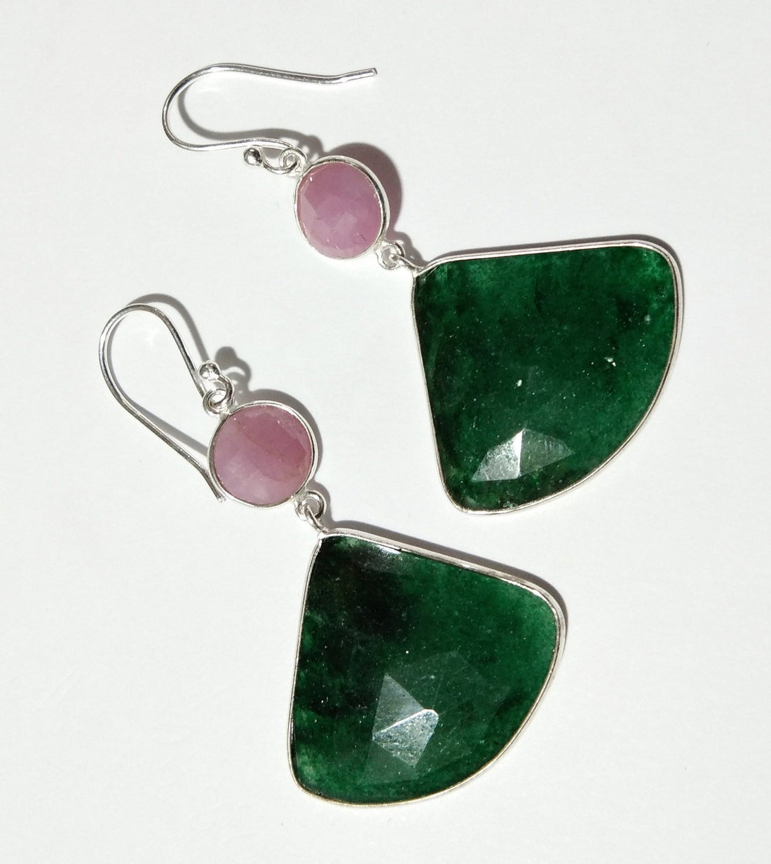 Beautiful Nice Earring, Pink Sapphire, Green Jade All Natural Gemstone Faceted With 925 Starling Silver Earring, Handmade Bezel Earring.