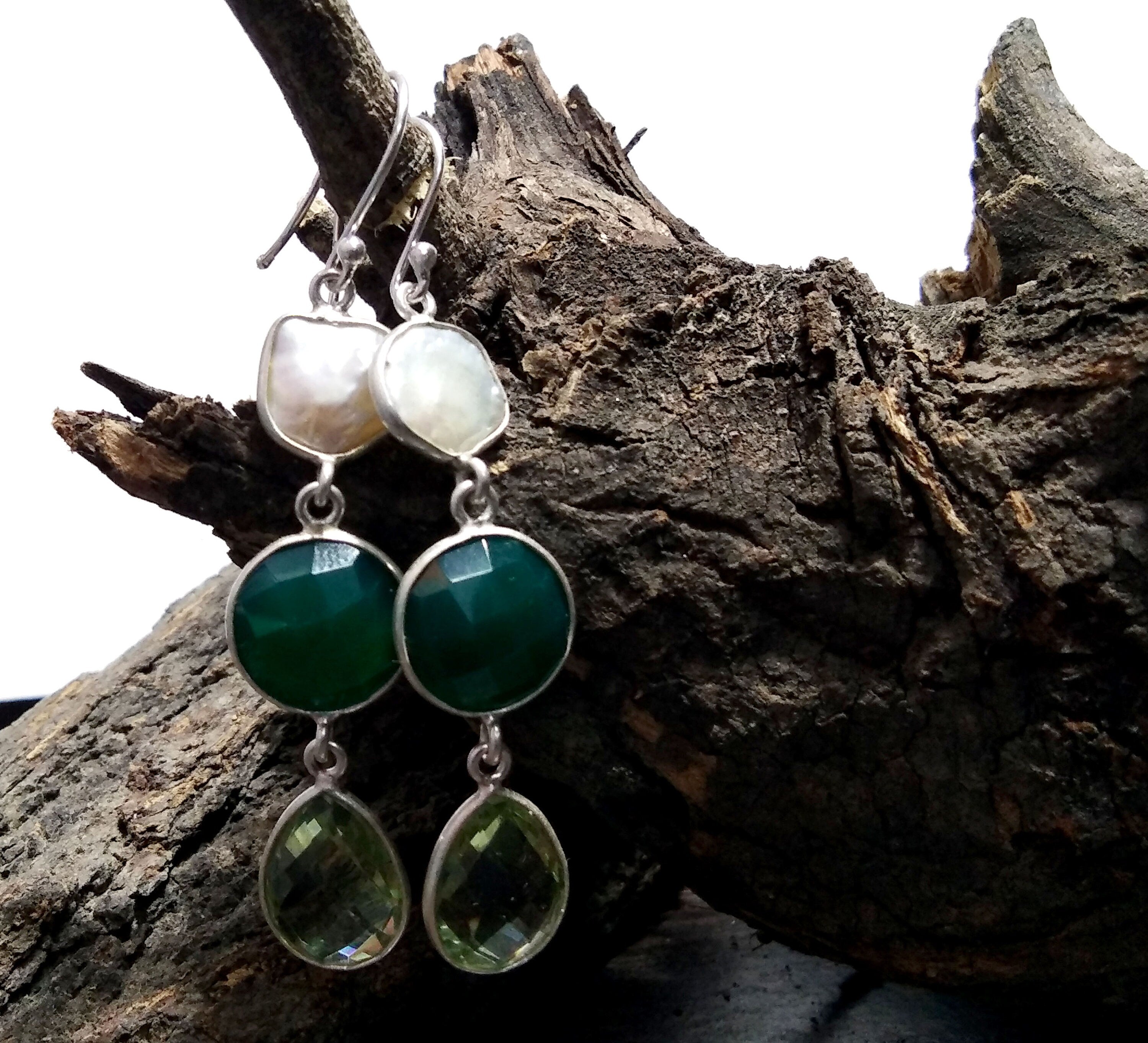 Natural Fresh Water Baroque Pearl/Green Onyx, Amethyst Stone Drop Earring, 925 Solid Starling Silver Earring, Gemstone Gift Birthday Earring
