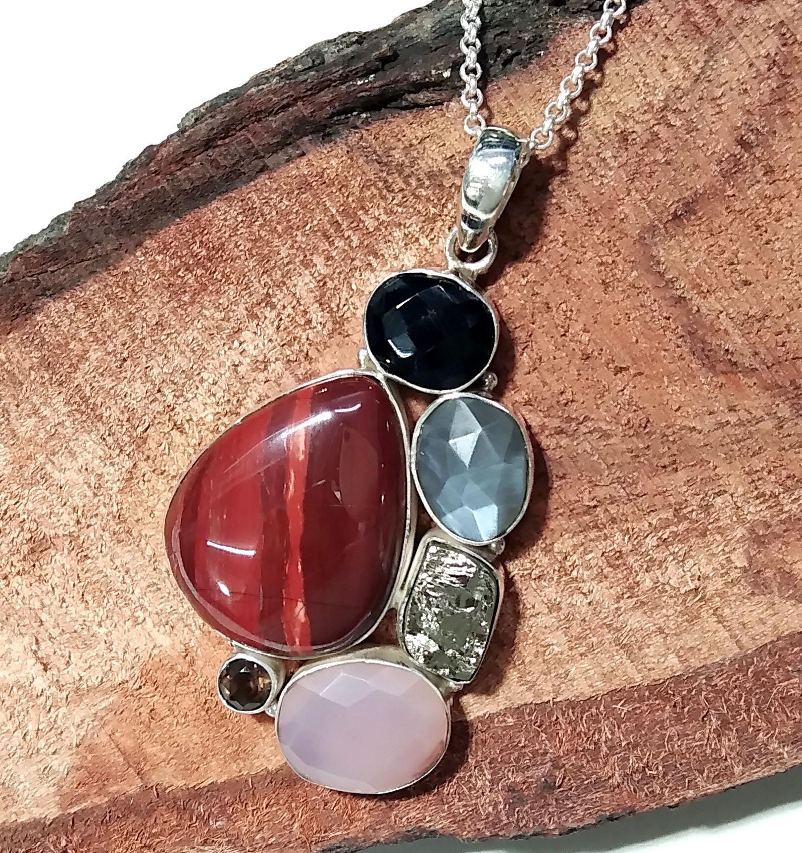 ALL Natural Gemstone Pendant, Red Jasper With Real Multi Stone Pendant, 925 Starling Silver Jewelry Pendant, Handmade Chain Necklace Pendant