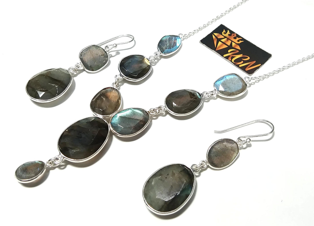 Natural Labradorite Multi Fire Gemstone Necklace Earring Jewelry Set, 925 Sterling Silver Necklace Earring, Handmade Jewelry Gift For Women