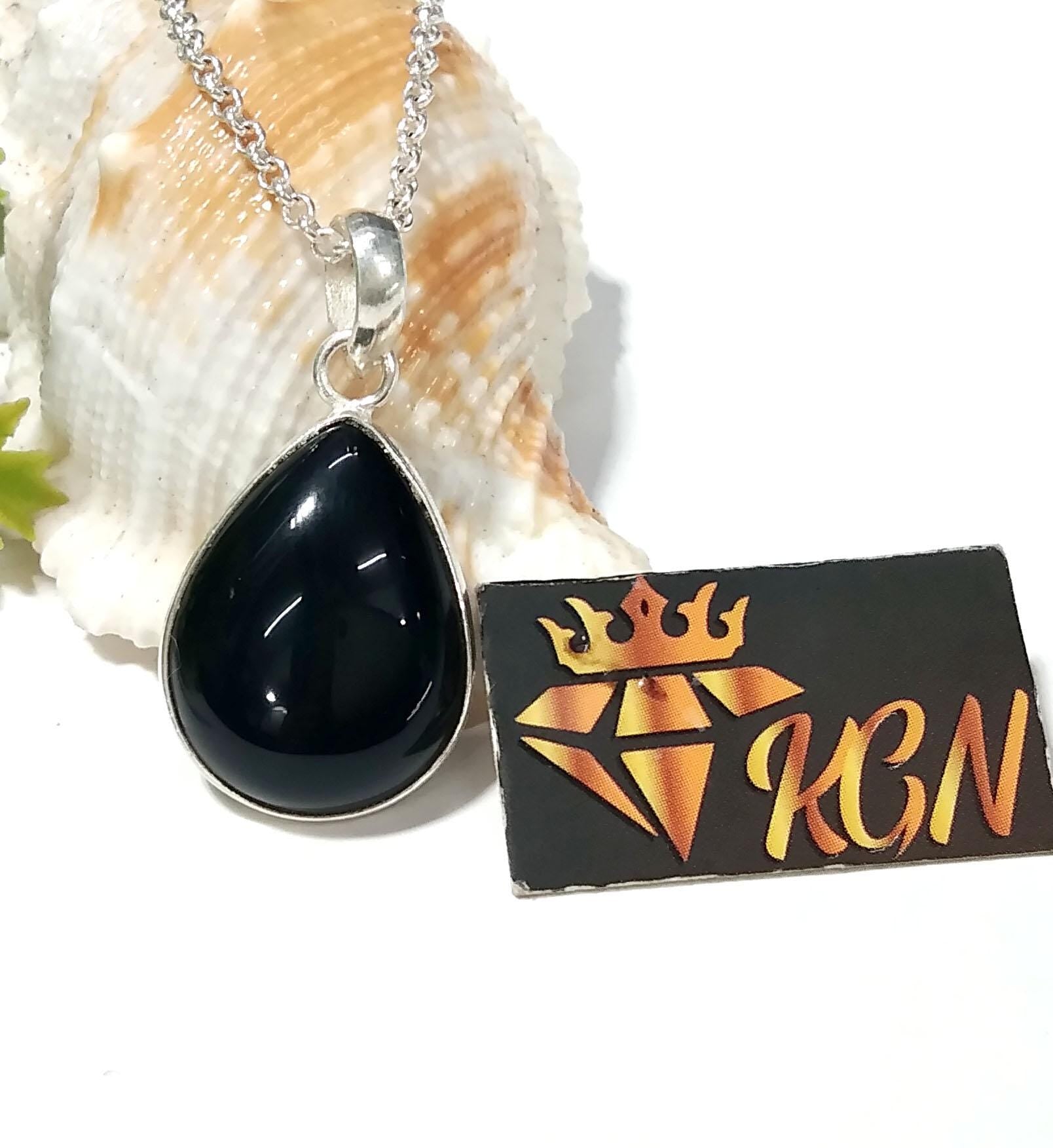 Natural Black Onyx Gemstone Pendant Chain Necklace, 925 Sterling Silver Pendant Jewelry, Black Onyx Stone Size 20x15mm Gift For Girls/Women