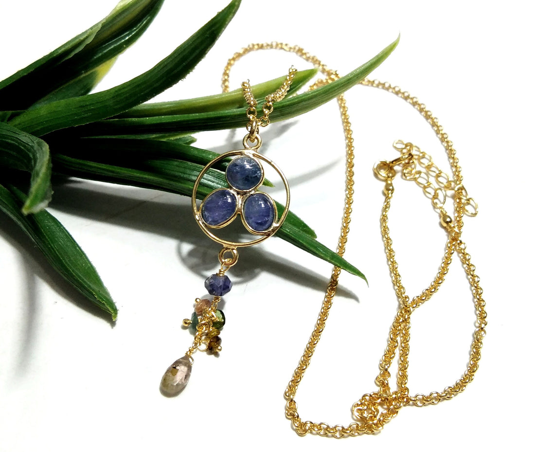Natural Tanzanite Gemstone Chain Necklace Pendant, 925 Starling Silver Gold Plated Chain Necklace 25 Inche Top Color Tanzanite Necklace Gift