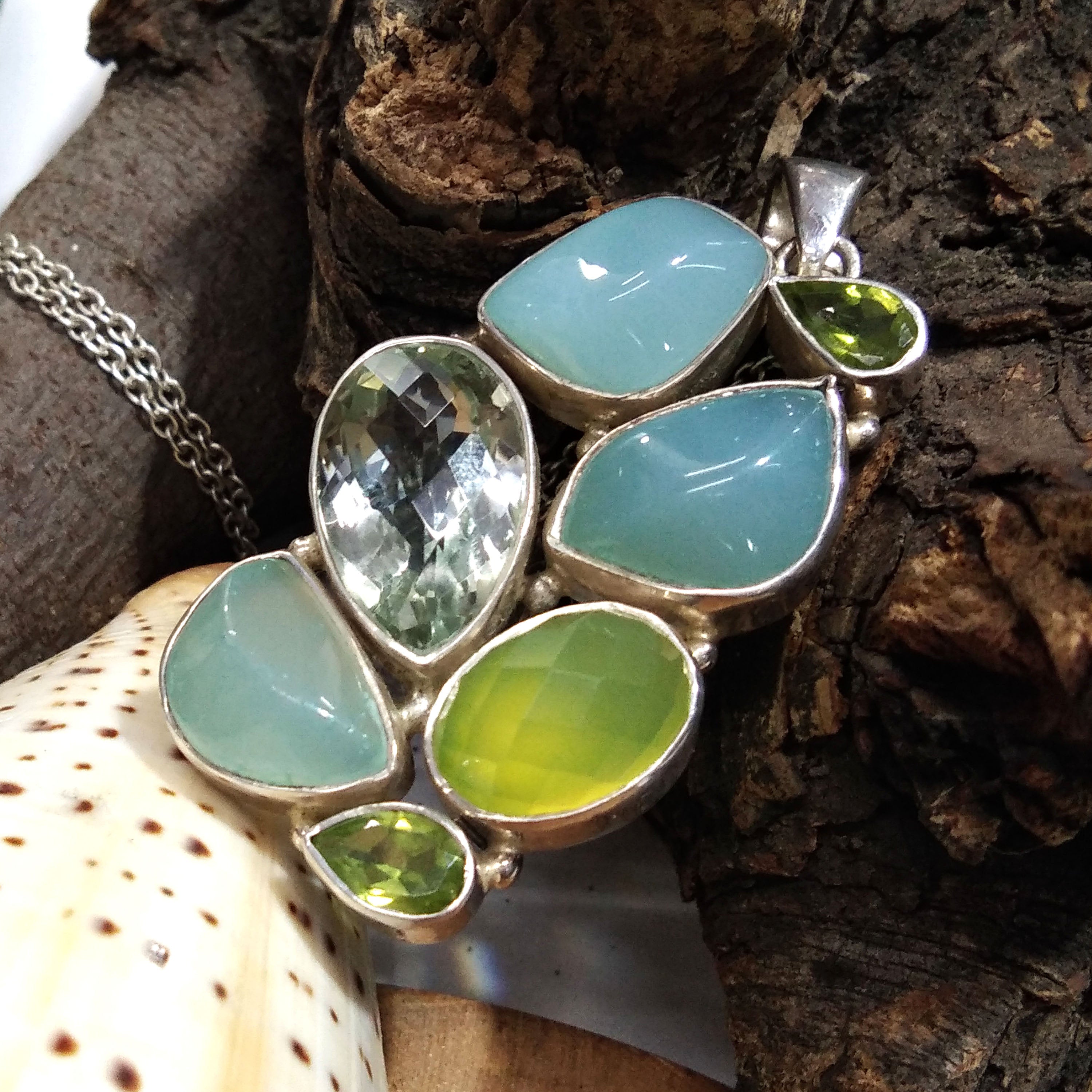 Natural Aqua Chalcedony,Green Amethyst,Peridot Gemstone Pendant Necklace Chain, 925 Starling Silver Pendant Necklace, Handmade Stone Pendant