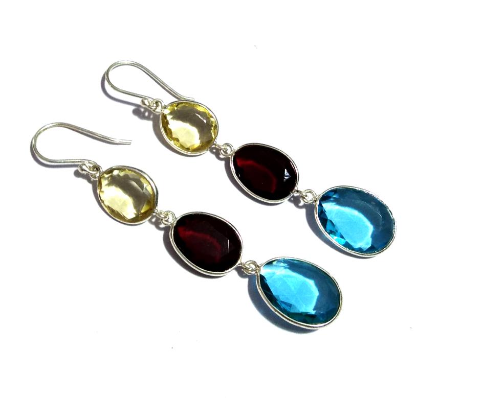Natural Lemon Quartz/Topaz/Garnet Stone Earring, 925 Solid Starling Silver Earring, Mix Stone Fancy Shape Stone Size 15x12 mm to 12x10 mm