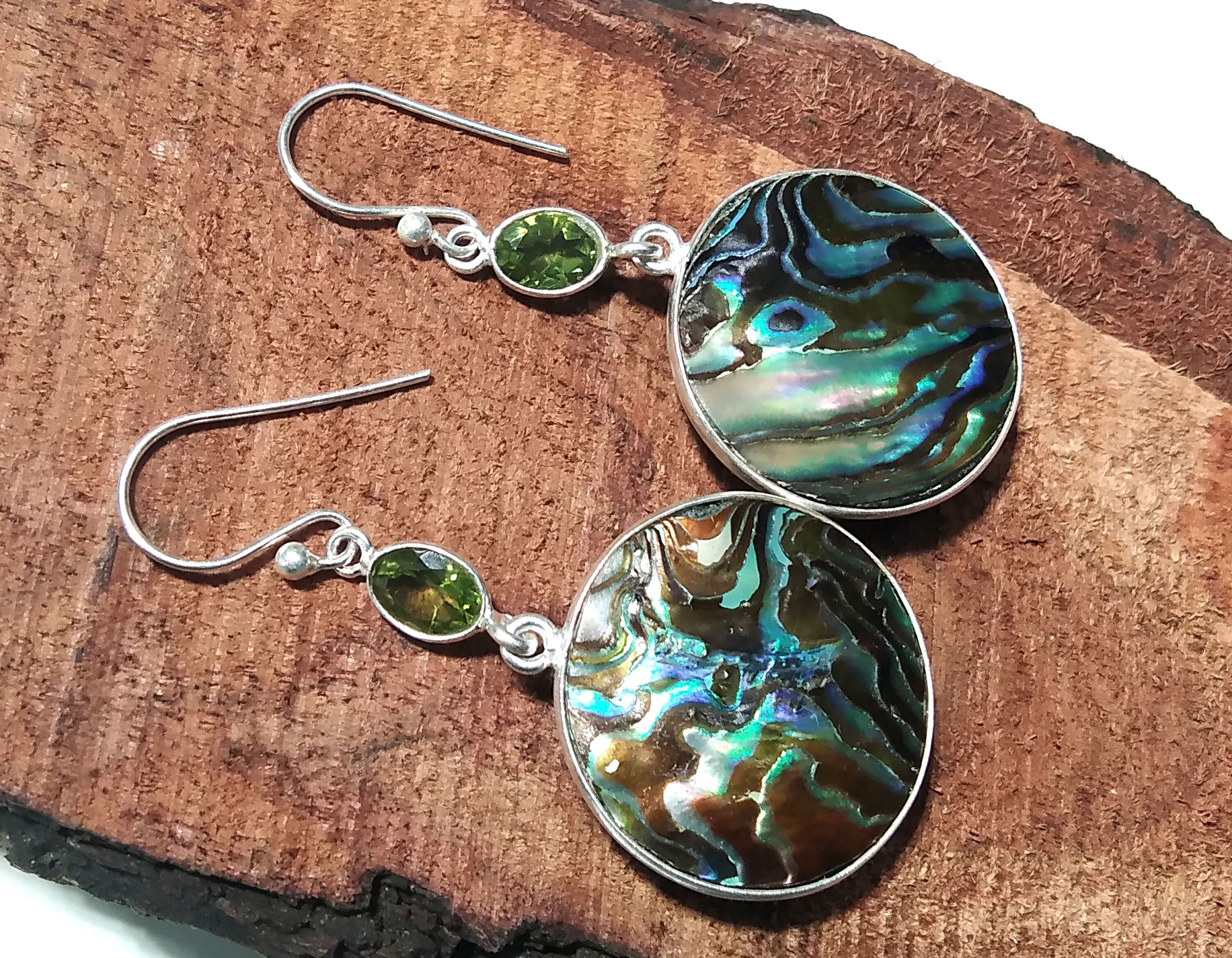 Natural Abalone Shell/Peridot Gemstone Earring, 925 Sterling Silver Earring Jewelry, Handmade Earring For Gift Birthday Girls/Women Jewelry