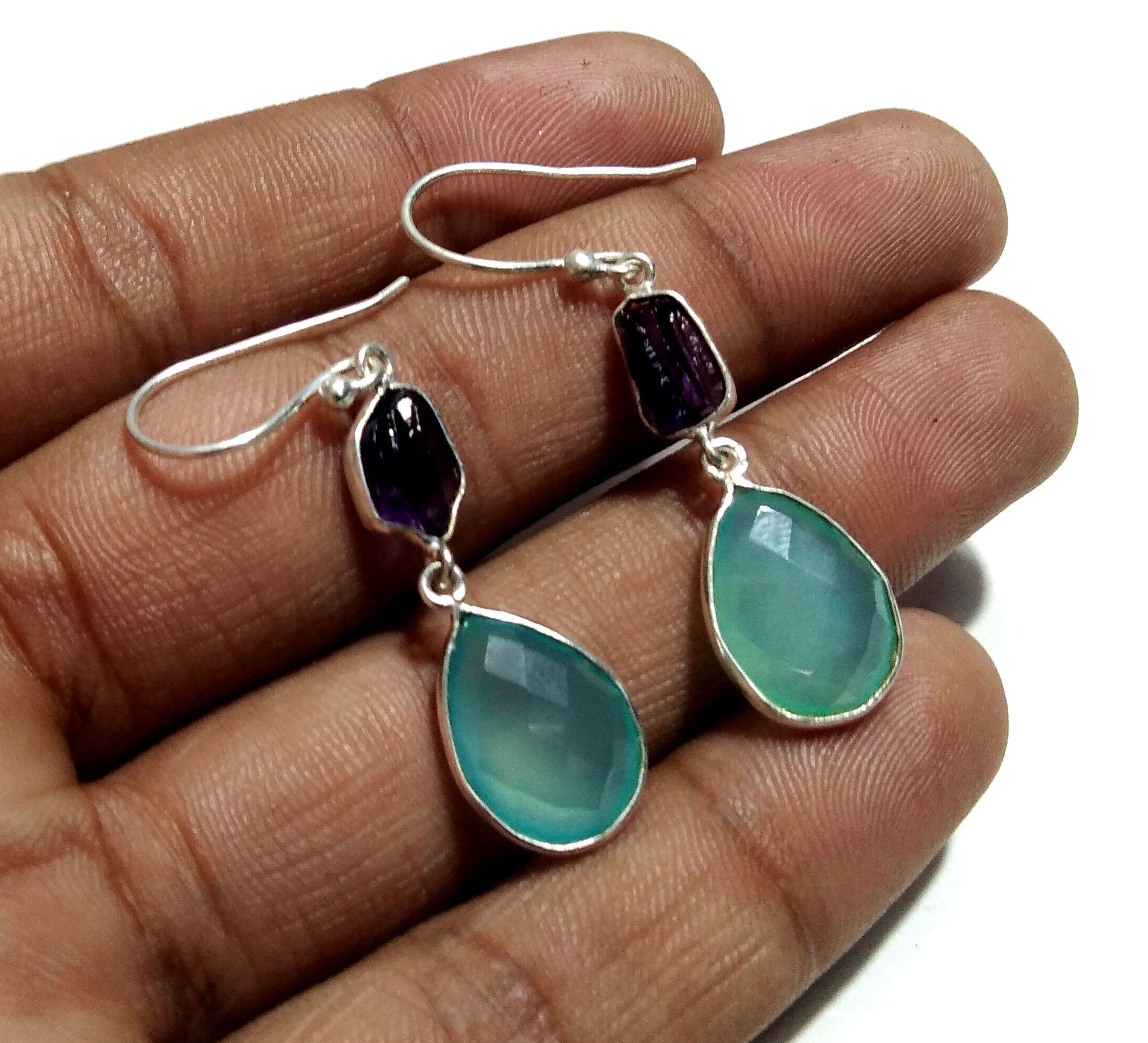 Natural Aqua Chalcedony, Amethyst Raw Stone Earring, 925 Sterling Silver Earrings, Handmade Making Jewelry Earring, Gift For Girls & Women.