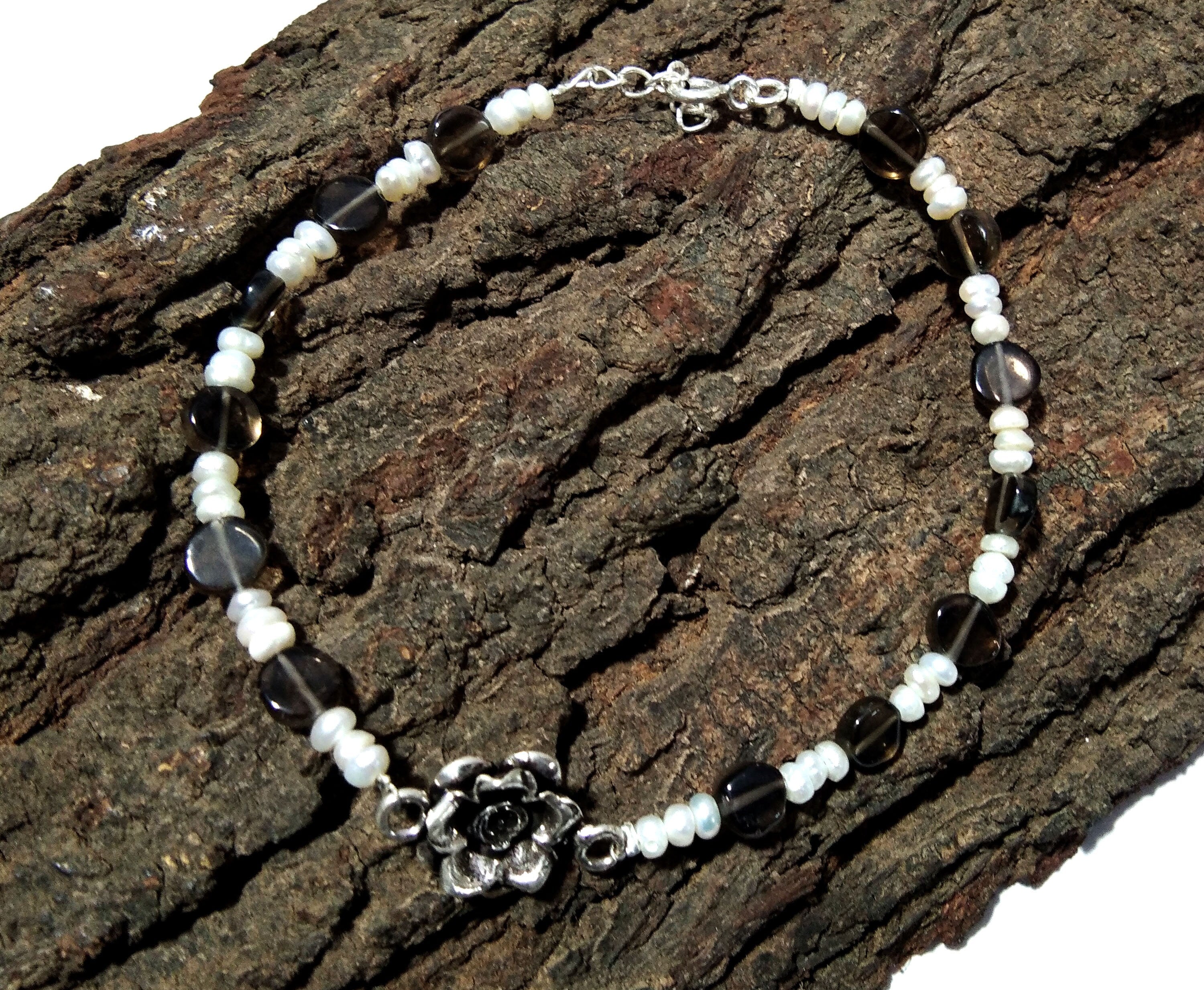 20%Off ! Freshwater Pearl & Smoky Quartz Bracelet, Pearl Jewelry, Solid 925 Sterling Silver Stone Bracelet, Bridesmaid Gift, Bridal Bracelet