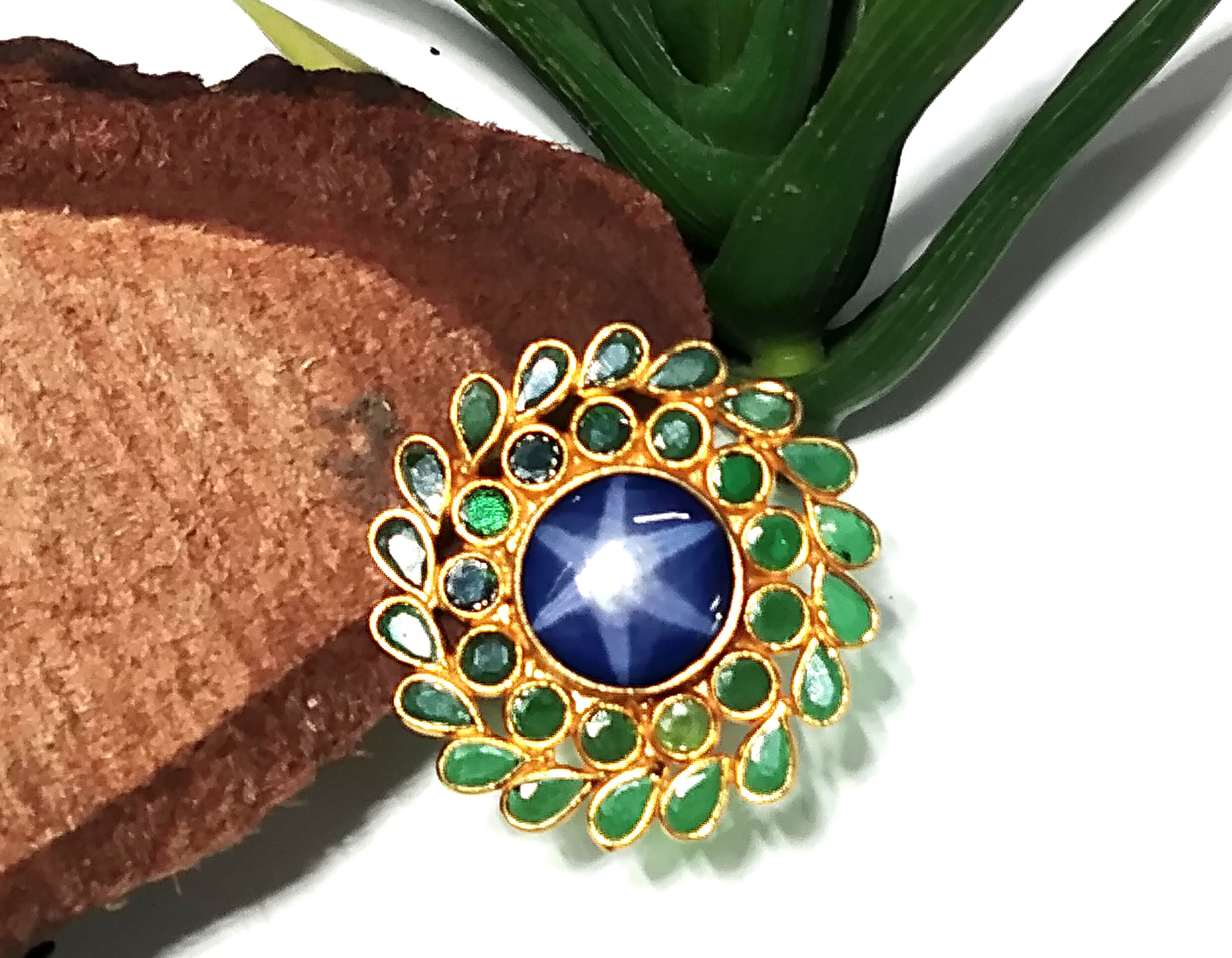 Natural Blue Sapphire Lindy Star & Green Zircon Polki Ring, 925 Silver With Gold Plated Ring, Handmade Jewelry Ring, Gift For Girls/Women