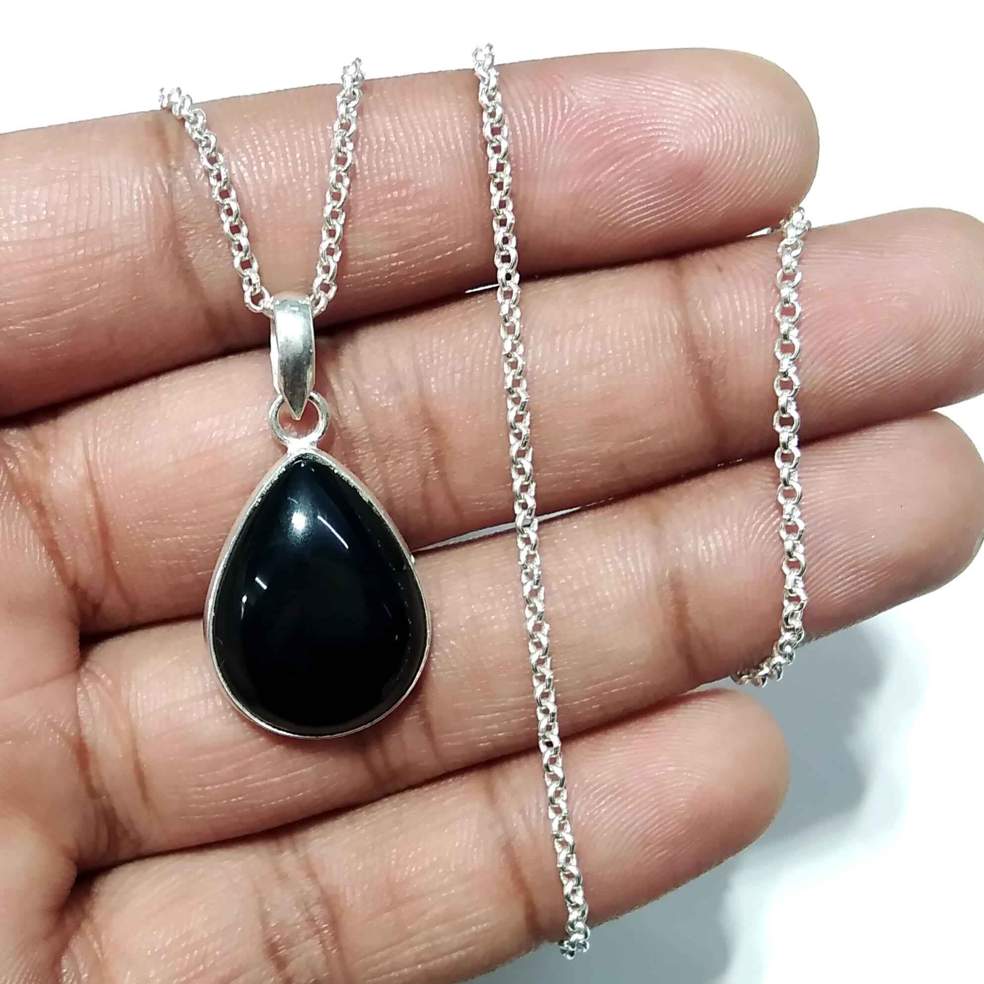 Natural Black Onyx Gemstone Pendant Chain Necklace, 925 Sterling Silver Pendant Jewelry, Black Onyx Stone Size 20x15mm Gift For Girls/Women