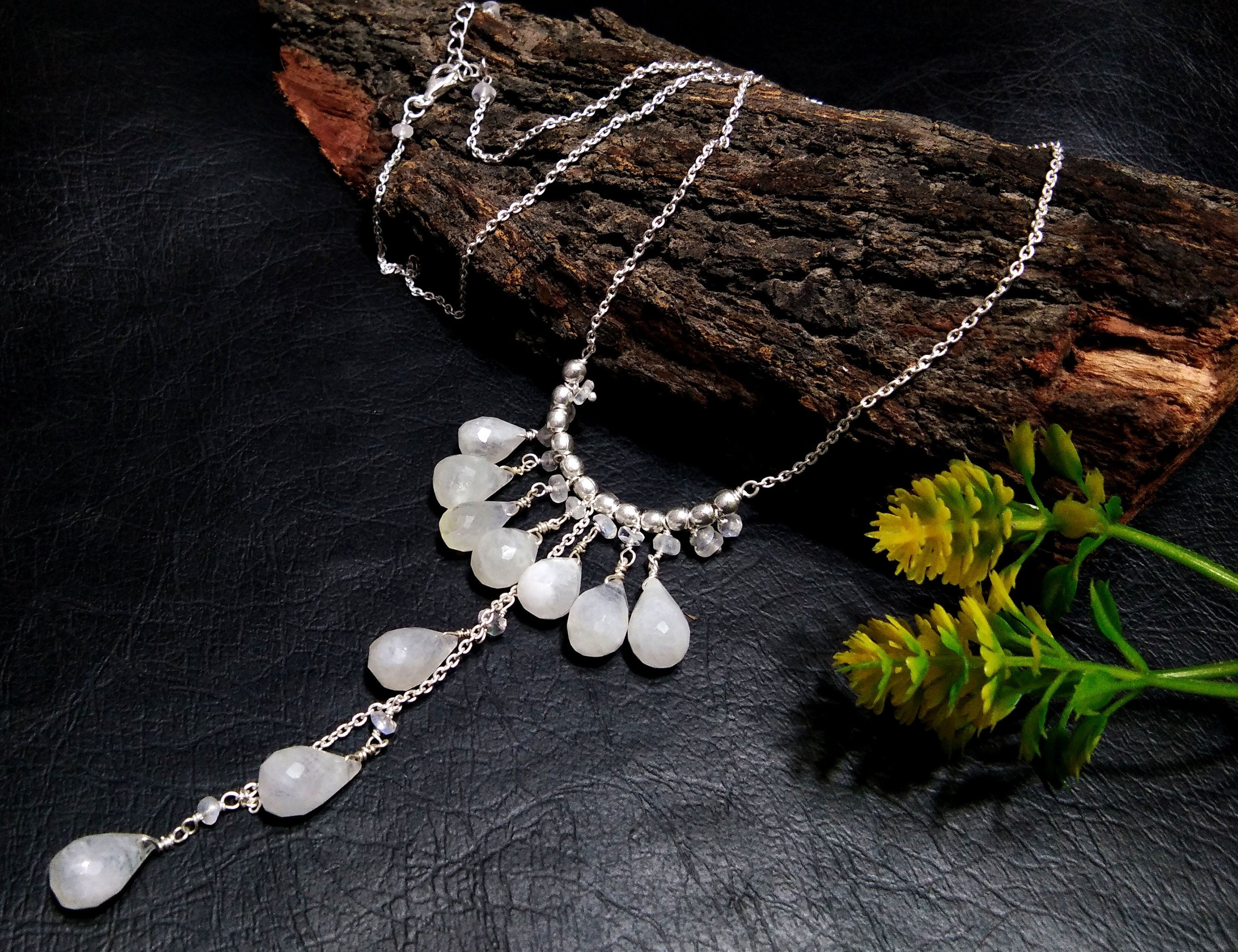 Natural Rainbow Moonstone Drop's Gemstone Chain Necklace, Solid 925 Starling Silver Chain Necklace, Moonstone Gift Necklace, Girls & Women