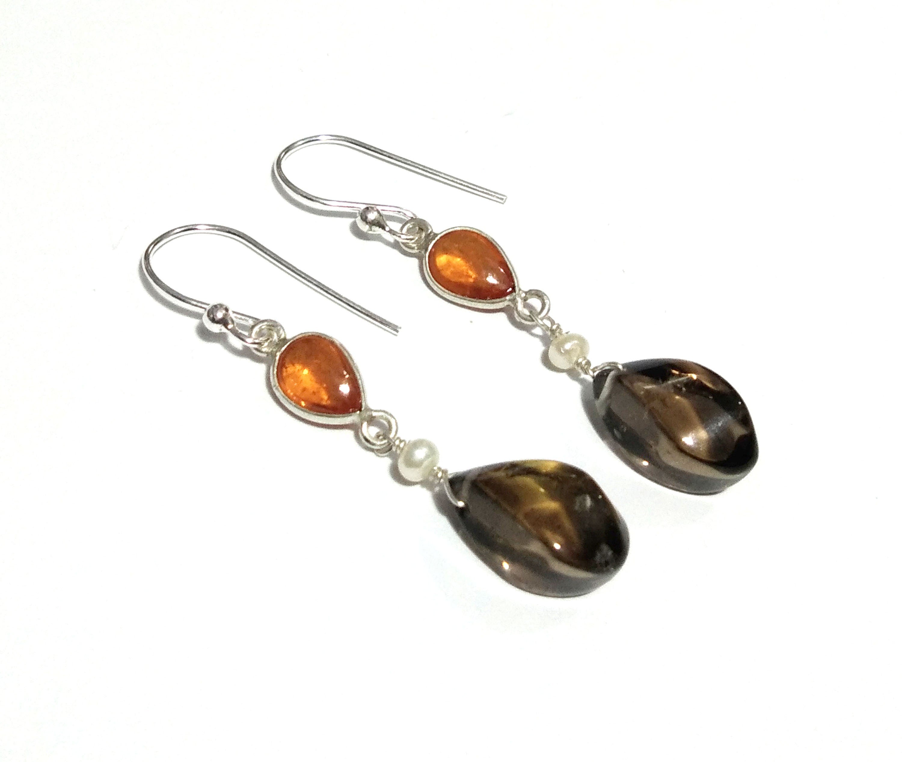 Natural Smoky Quartz/Yellow Garnet Earring Stone, 925 Solid Sterling Silver Earring, Design Smoky Quartz Earring, Stone Size 14x7mm to 6x5mm