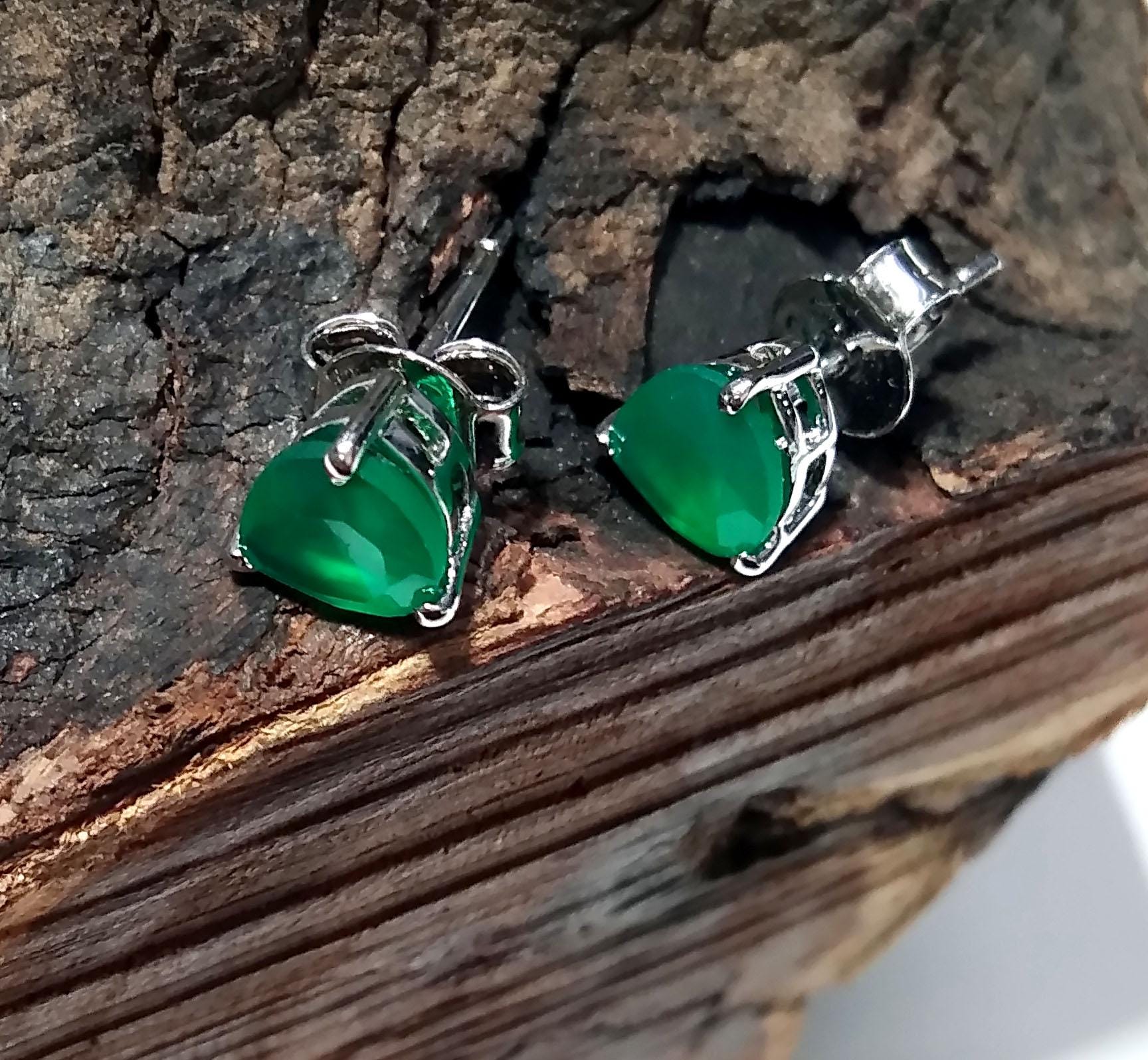 Green Onyx Faceted Stud Earrings, 925 Solid Starling Silver Earring Jewelry, Green Onyx Gemstone Heart Shape Stone Size 6x6mm Christmas Gift