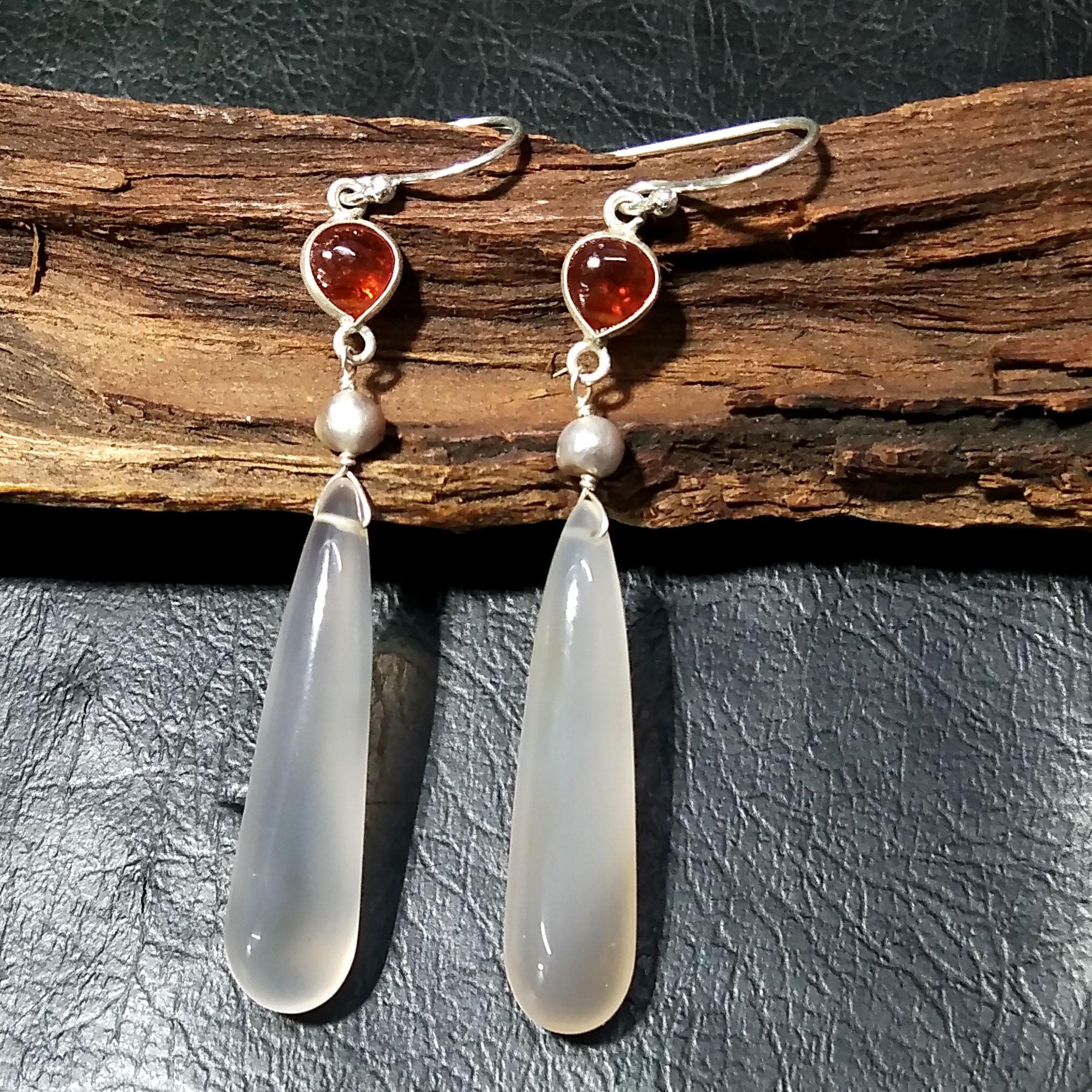 Natural Chalcedony/Yellow Garnet & Pearl Gemstone Earring 925 Starling Silver Earring Handmade Silver Jewelry Stone Earring Gift Birthday