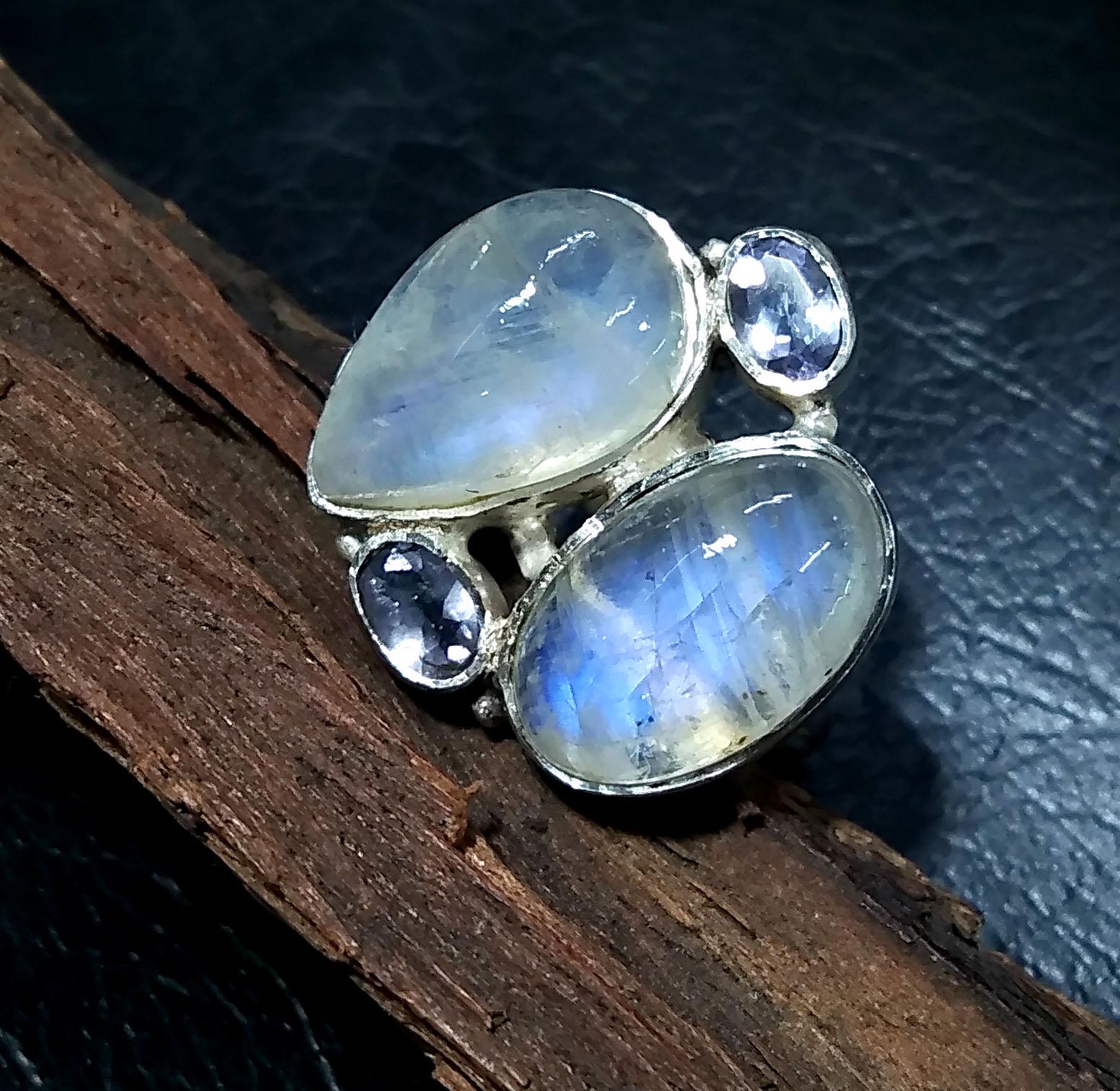 Natural Rainbow Moonstone/Tanzanite Gemstone Ring, 925 Solid Sterling Silver Ring, Stone Size 16x10 mm Handmade Gift Ring, Birthday Ring