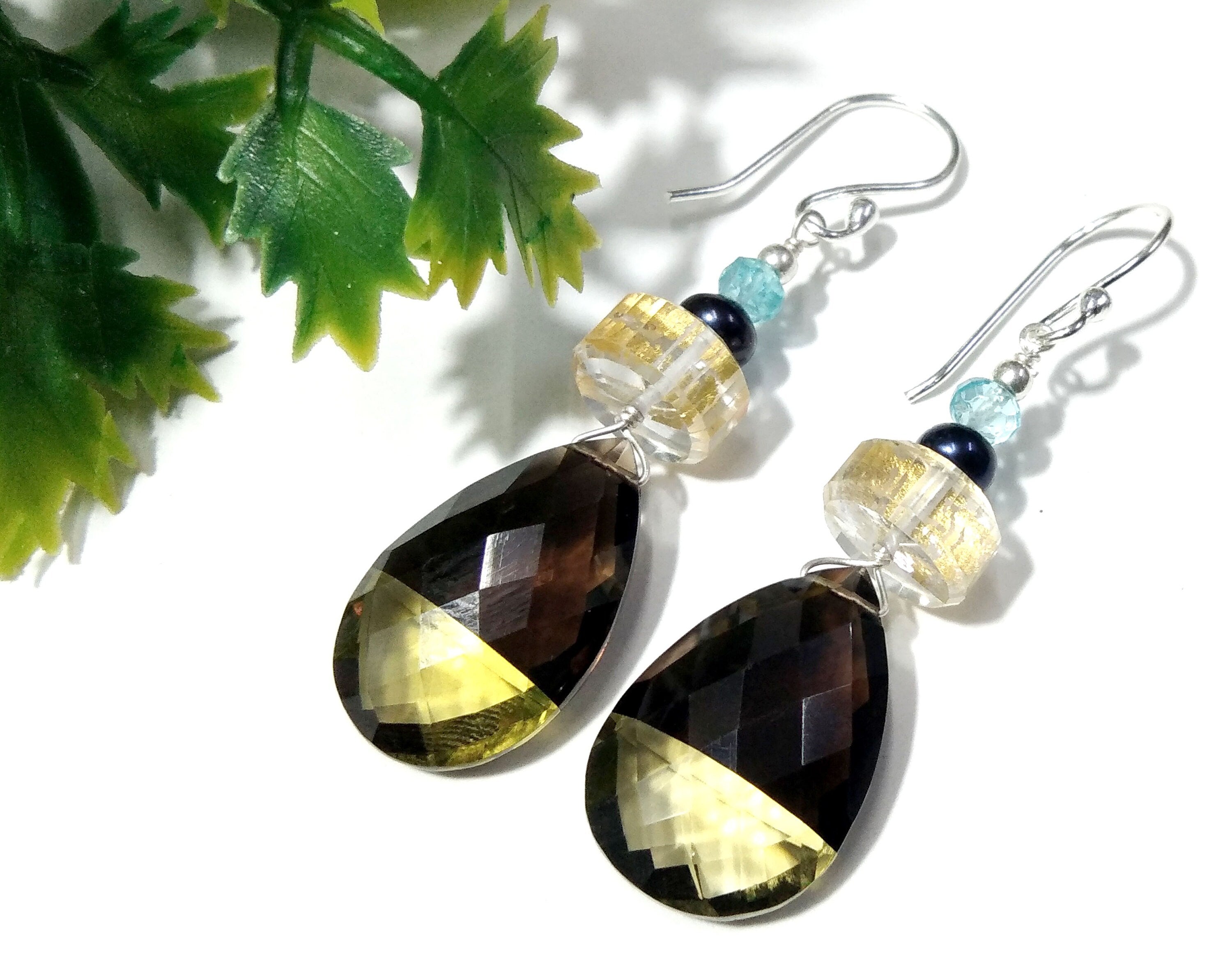 Natural Doublet Gemstone Lemon & Smoky Quartz Multi Stone Earrings, With 925 Starling Silver Jewelry Earrings, For Gifts Girls/Women