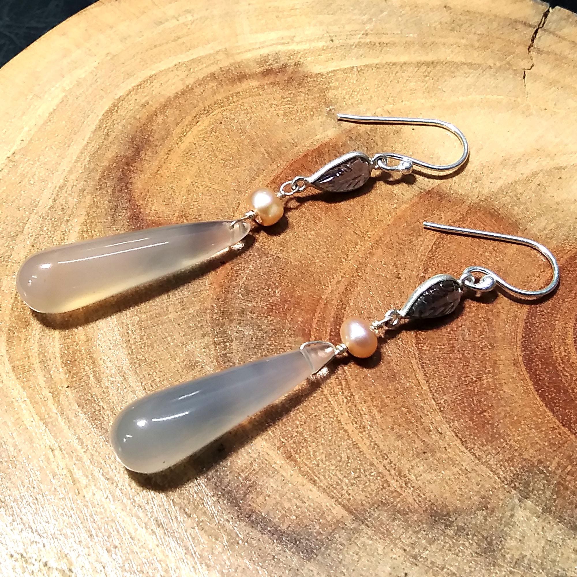 Natural Chalcedony/Iolite Carving & Pearl Gemstone Earring, 925 Starling Silver Earring Handmade Silver Jewelry Stone Earring Gift Birthday