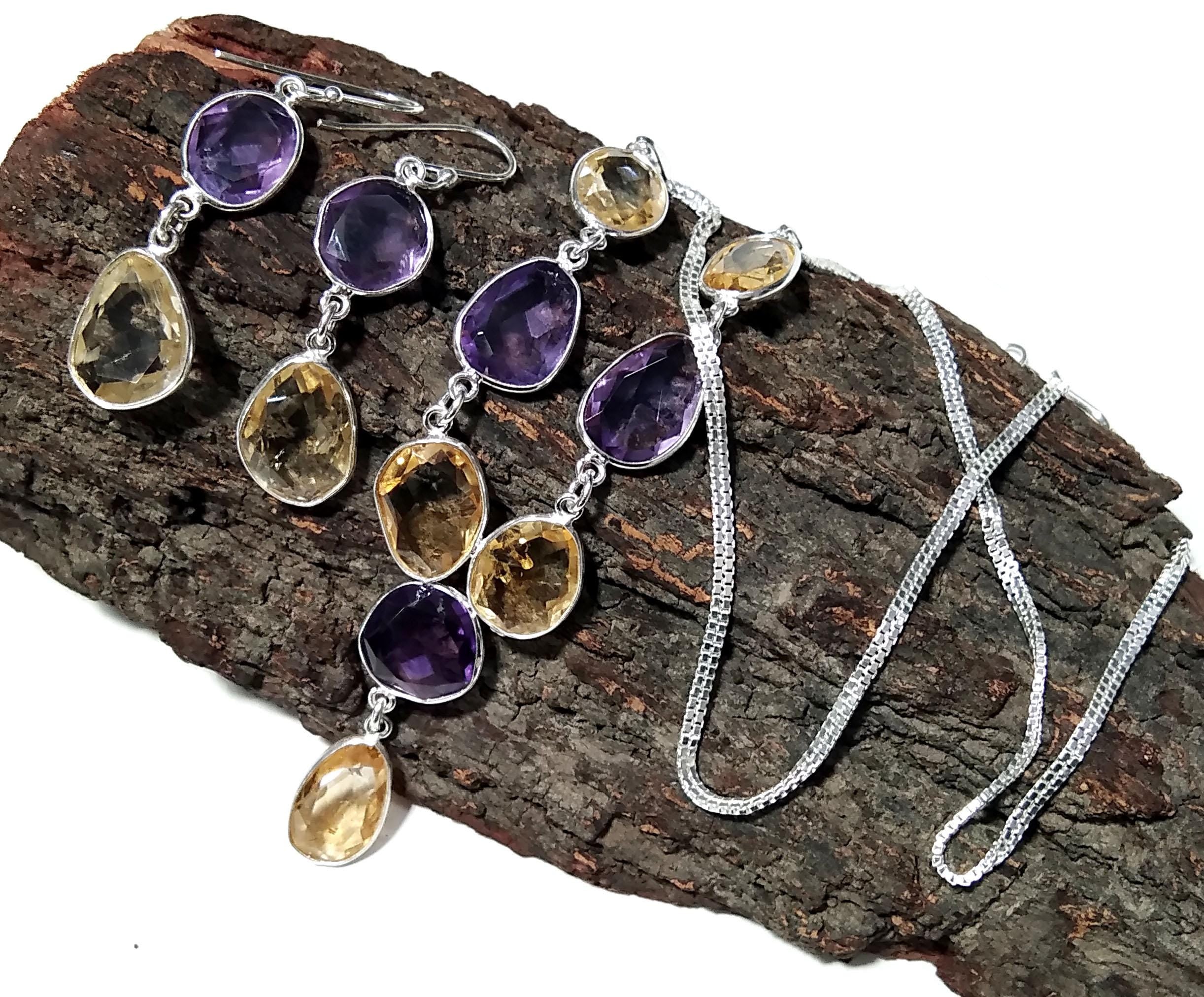 Natural Amethyst/Citrine Necklace Earring Jewelry Set, 925 Solid Sterling Silver Chain Necklace Earring Jewelry Gift For Girls & Women