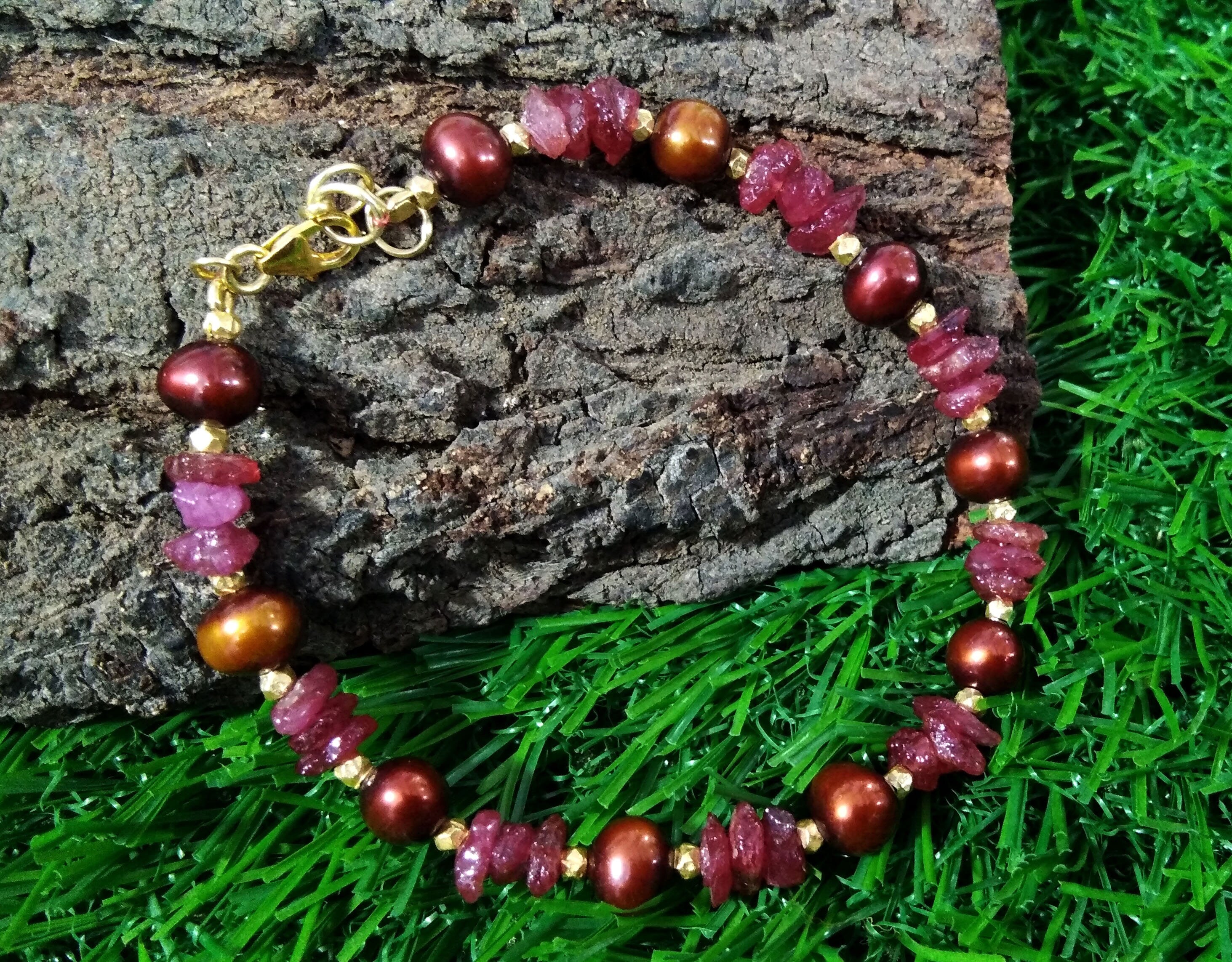 Awesome Natural Ruby Rough & Brown Pearl Bracelet, 925 Sterling Silver With Gold Plated Adjustable Bracelets, Handmade Making Pearl Bracelet